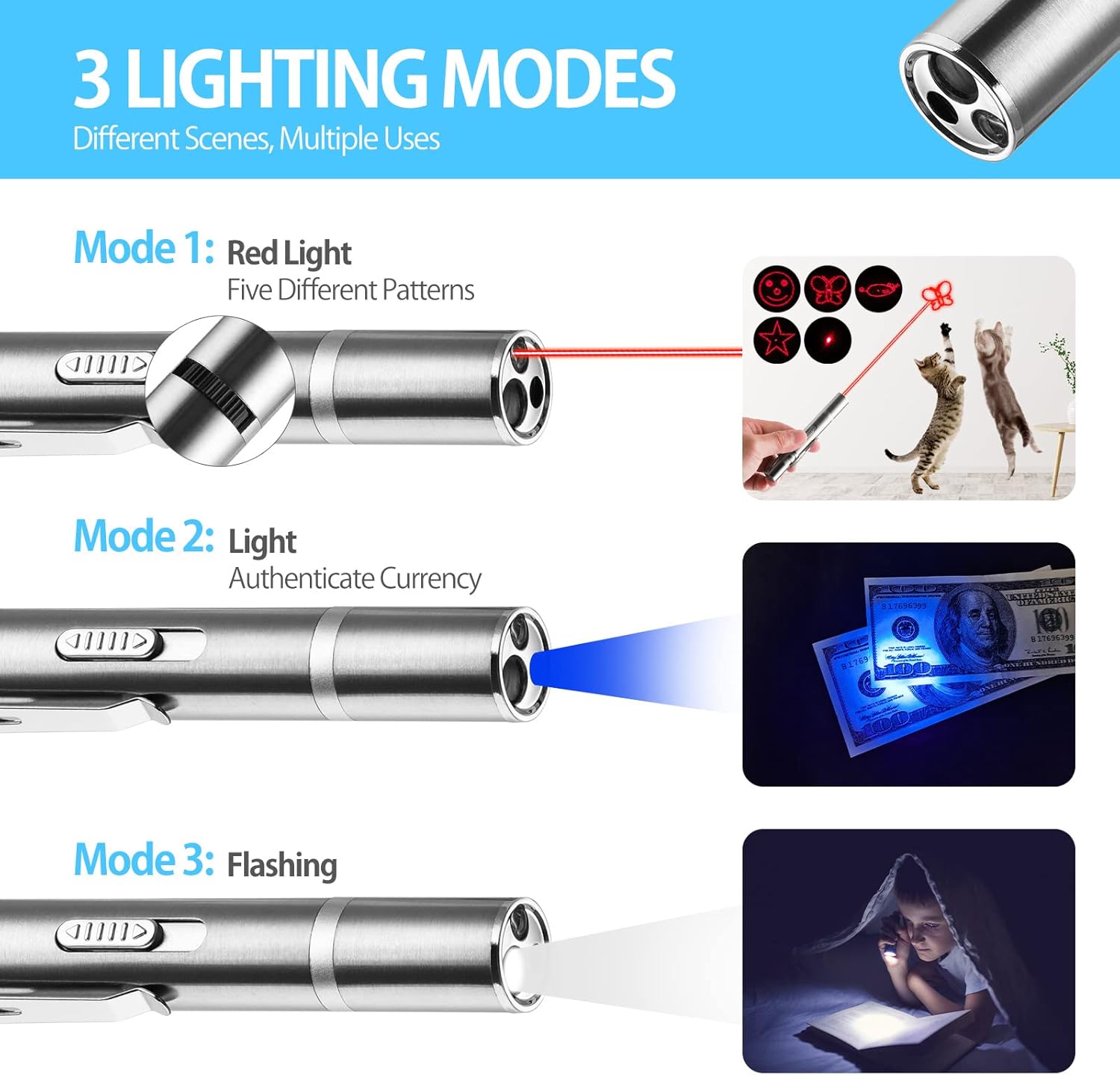 Laser Pointer Cat Toy, Interactive Toy with Red Dot LED Light Pointer, Long Range 3 Modes Projection Playpen for Kitten Interaction,USB Recharge Pointer (1 pcs) - Image 8