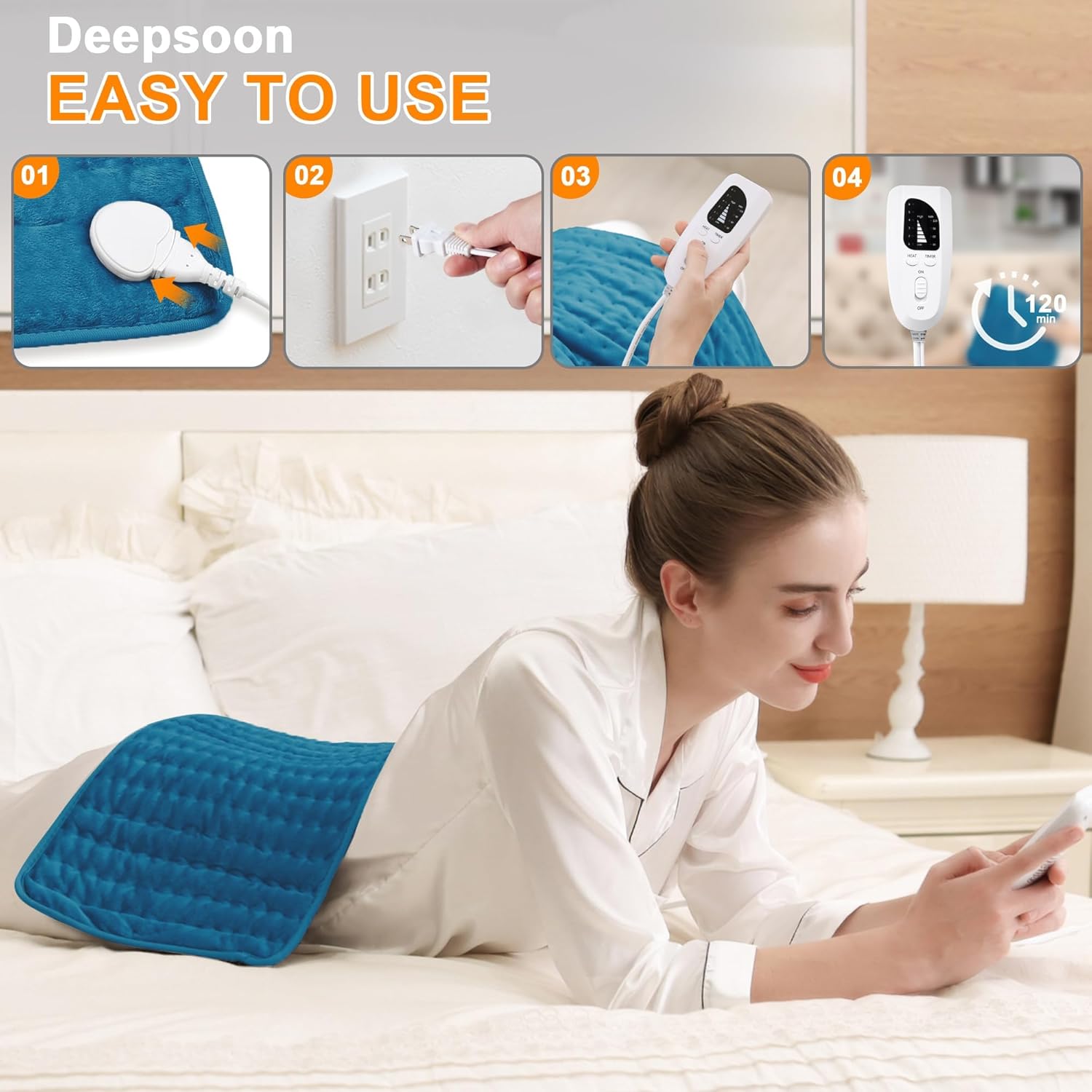 Deepsoon Heating Pad,Electric Heating Pads for Back,Neck,Abdomen,Moist Heating Pad for Shoulder,Knee,Arms,Legs,Dry/Moist Heat & Auto Shut Off,Christmas Gifts for Men and Women,Blue,24x12 Inch - Image 3