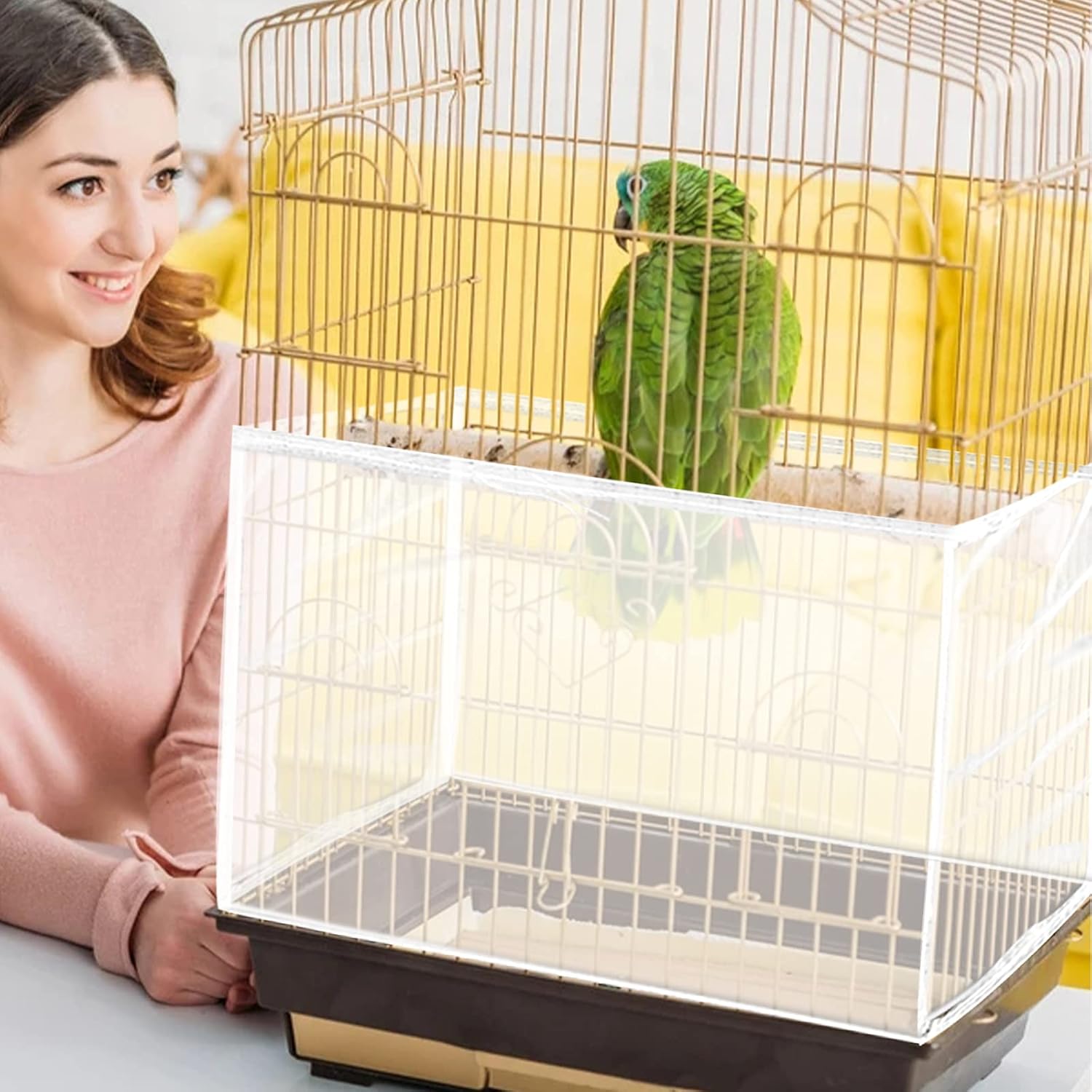 Daoeny Large Bird Cage Cover, Bird Cage Seed Catcher, Adjustable Soft Airy Nylon Mesh Net, Birdcage Cover Skirt Seed Guard for Parrot Parakeet Macaw African Round Square Cages (White) - Image 5
