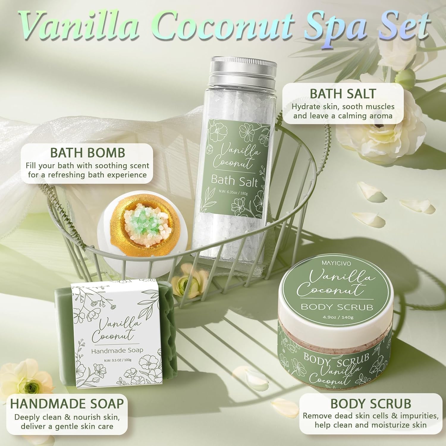 Spa Gifts for Women Bath Gift Set, Vanilla Coconut Relaxing Spa Gift Baskets Home Bath Set Self Care Kit Care Package Thank You Birthday Easter Gifts for Women Mom Her Friends Sister Teen Girl Wife - Image 5