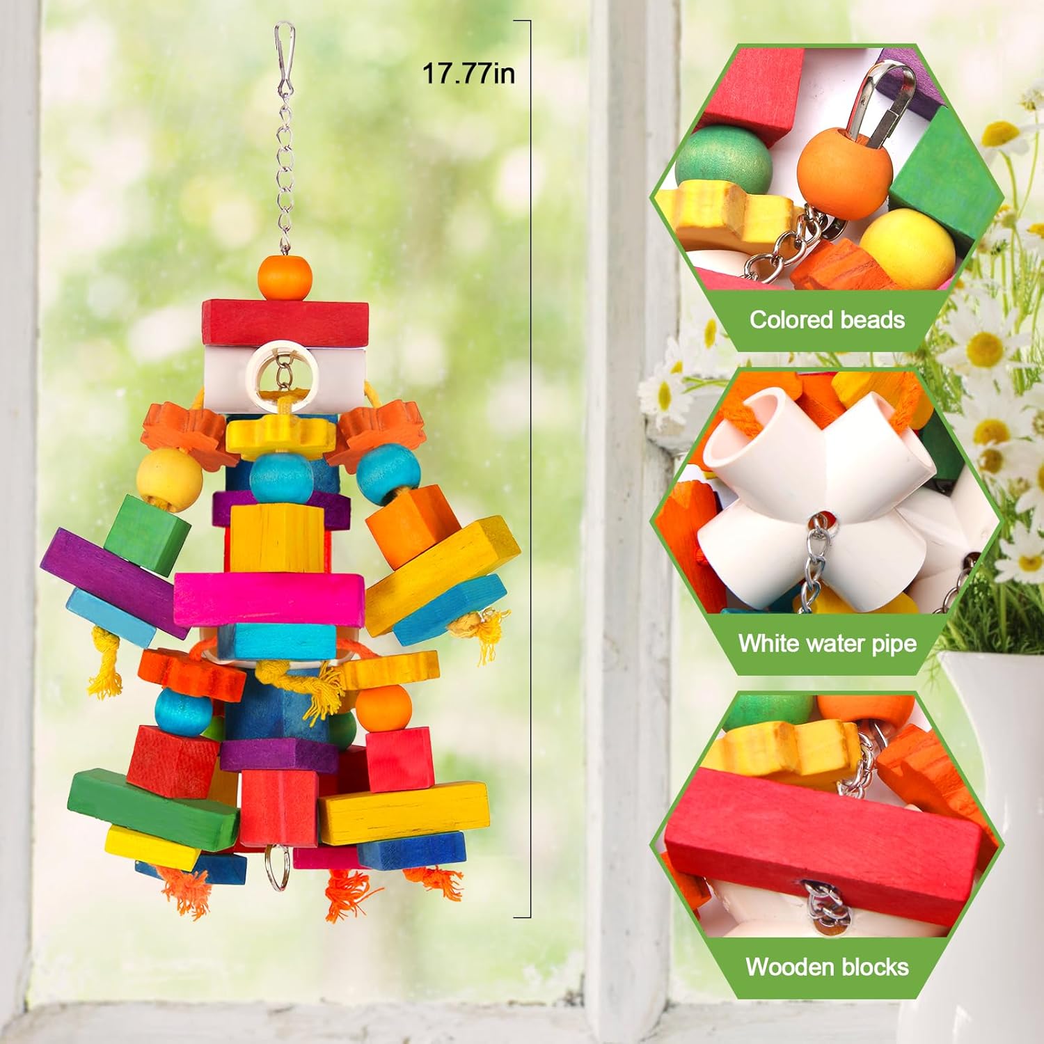 Kyouki Large Parrot Toy, Bird Toys for Cockatoos,Macaws, African Grey, Amazon Parrots,Conures, Lovebirds, Multicolored Natural Wooden Blocks Chewing Toys Bird Cage Accessories (Colorful) - Image 2