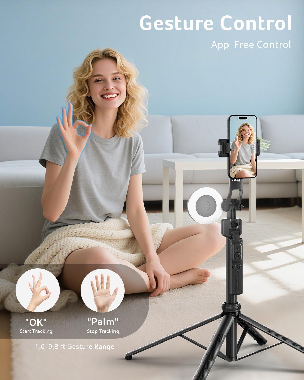 Acer Gadget Auto Face Tracking Tripod for iPhone/Cell Phone/Android/Camera with Light and Remote, 64", No App, 360°Rotating Tripod Selfie Stick for Tiktok YouTube Vlog Live Streaming Video Recording - Image 3