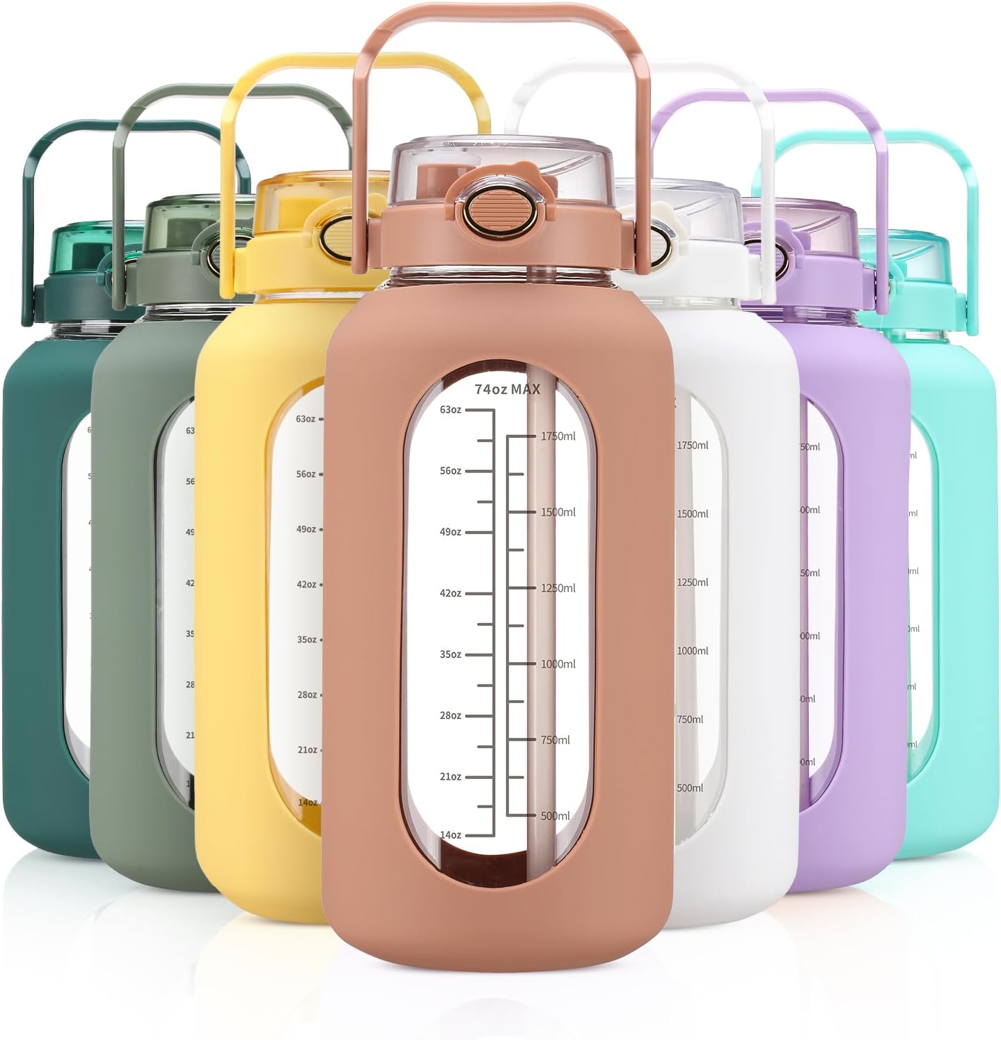 74 oz Glass Water Bolttles with Straw Large Motivational Water Bottle with Time Marker Sports Water Bottles with Silicone Sleeve and Handle Lid 2.2L Water Jug for Gym Workout - Image 6