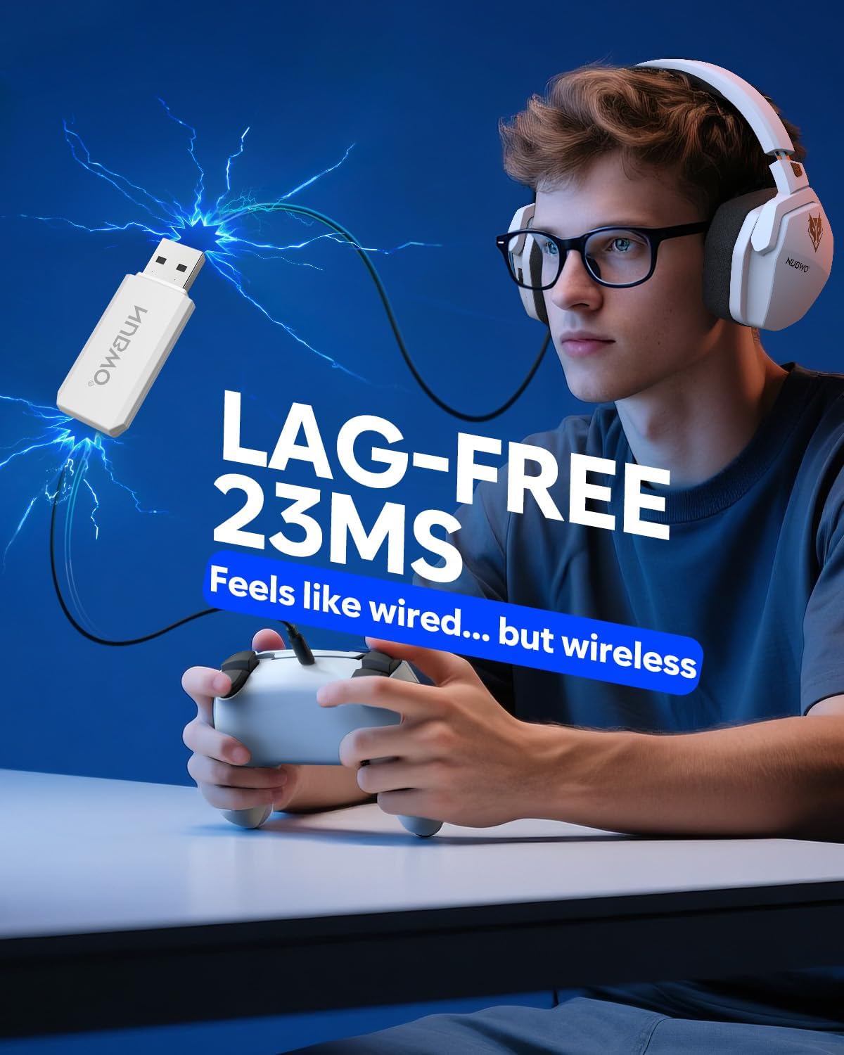 NUBWO Wireless Gaming Headset with Mic for Ps5 Ps4 PC, Zero Interference, 100-Hour Battery All-Day Play, 23ms Sync for Fortnite & Call of Duty/FPS Gamers, Triple Mode All Devices Compatible - White - Image 3