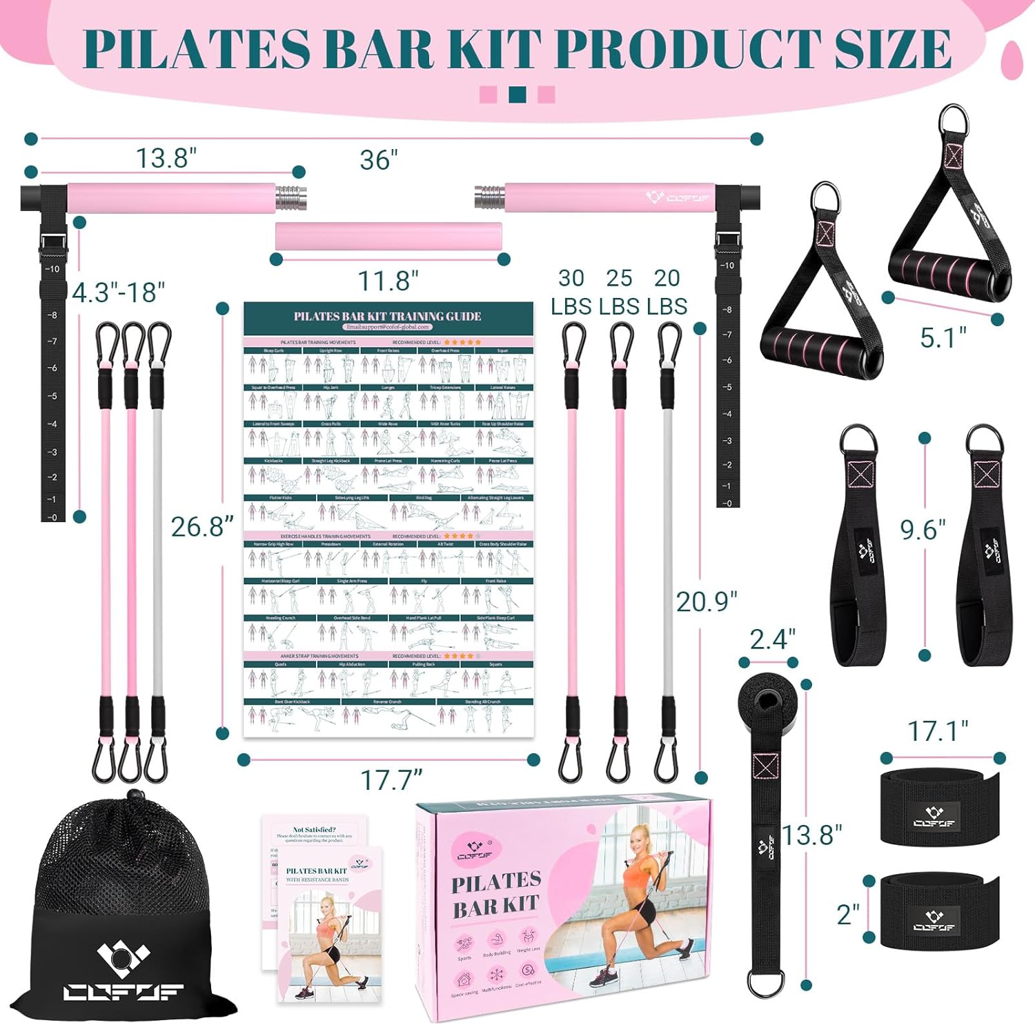 Pilates Bar Kit with Resistance Bands, Multifunctional Yoga Pilates Bar with Heavy-Duty Metal Adjustment Buckle, Portable Home Gym Pilates Resistance Bar Kit for Women Full Body Workouts - Image 5