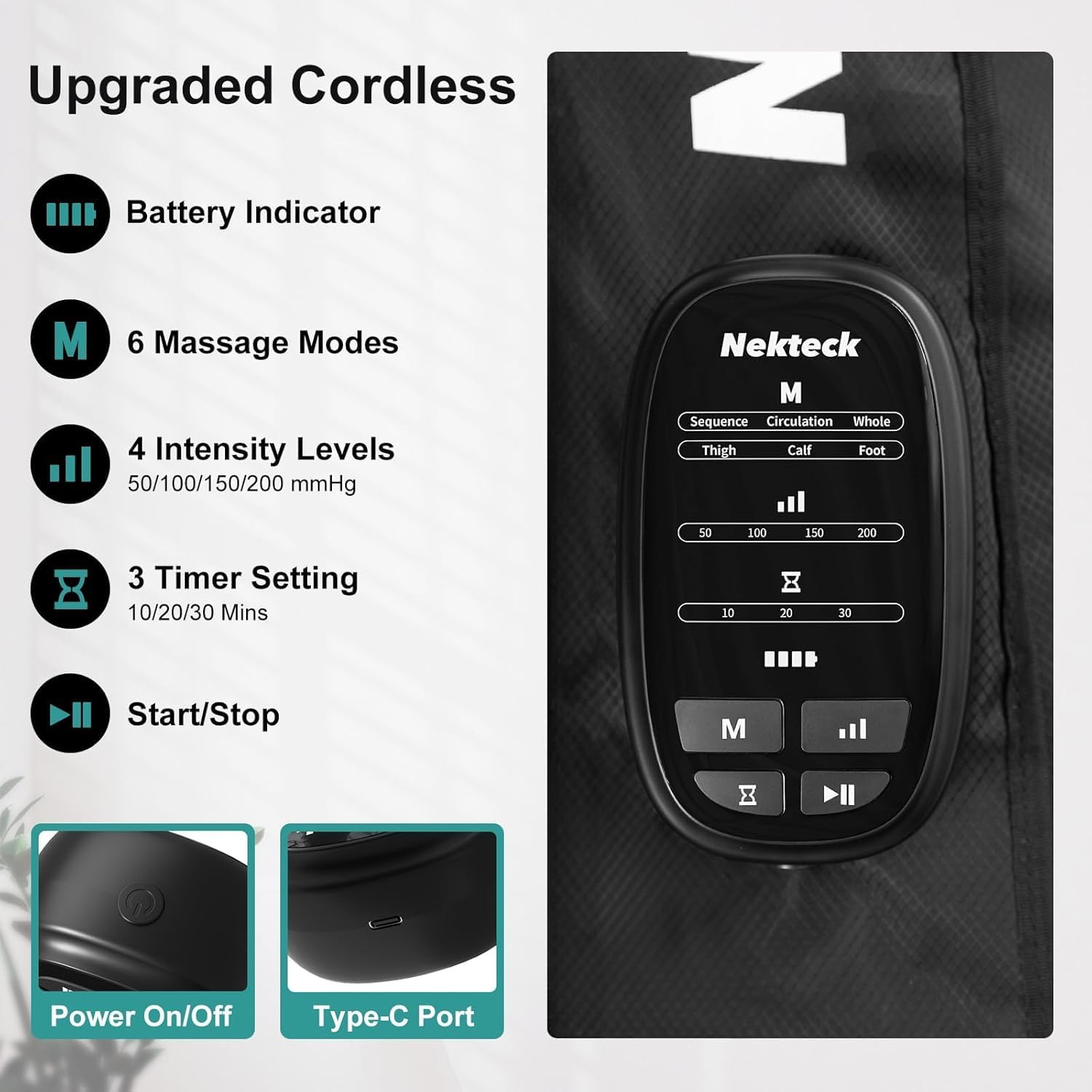 Nekteck Leg Compression Massager Recovery System, Cordless Foot and Leg Massager for Circulation and Pain Relief, Rechargeable Compression Boots with 6 Modes 4 Intensities, Legs Relaxation - Image 4