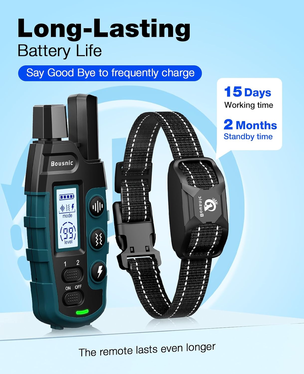 Bousnic Dog Shock Collar - 3300Ft Training Collar with Remote for 5-120lbs Small Medium Large Dogs Rechargeable Waterproof e Collar with Beep (1-8), Shake(1-16), Safe Shock(1-99) Modes (Black) - Image 6
