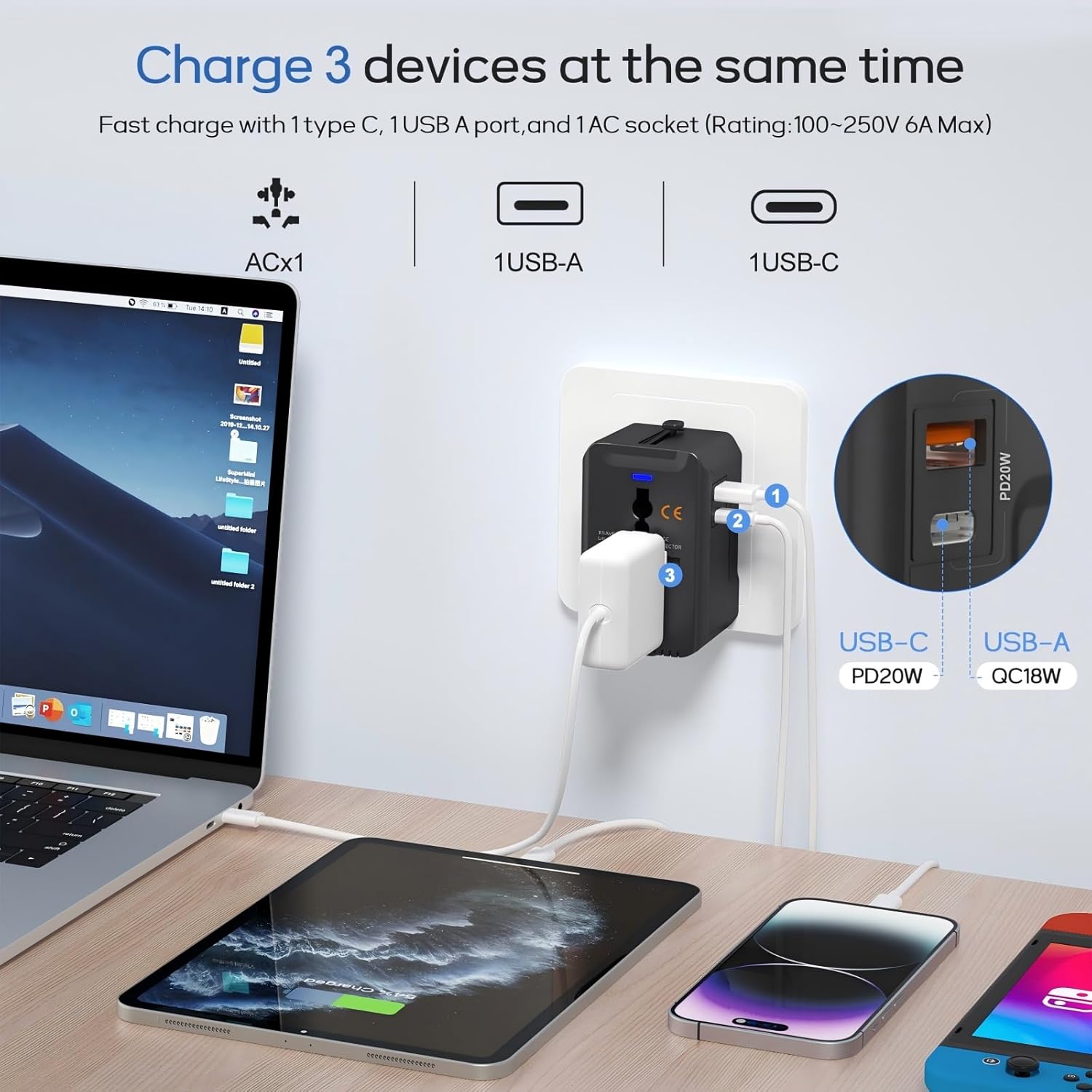 20W PD Fast Charging Universal Travel Adapter, 3-in-1 with 1 Type-C & 1 USB-A Ports, European Plug, International Power Adapter for US/JP/EU/UK/AUS/CHN, Worldwide Travel Essentials White - Image 4