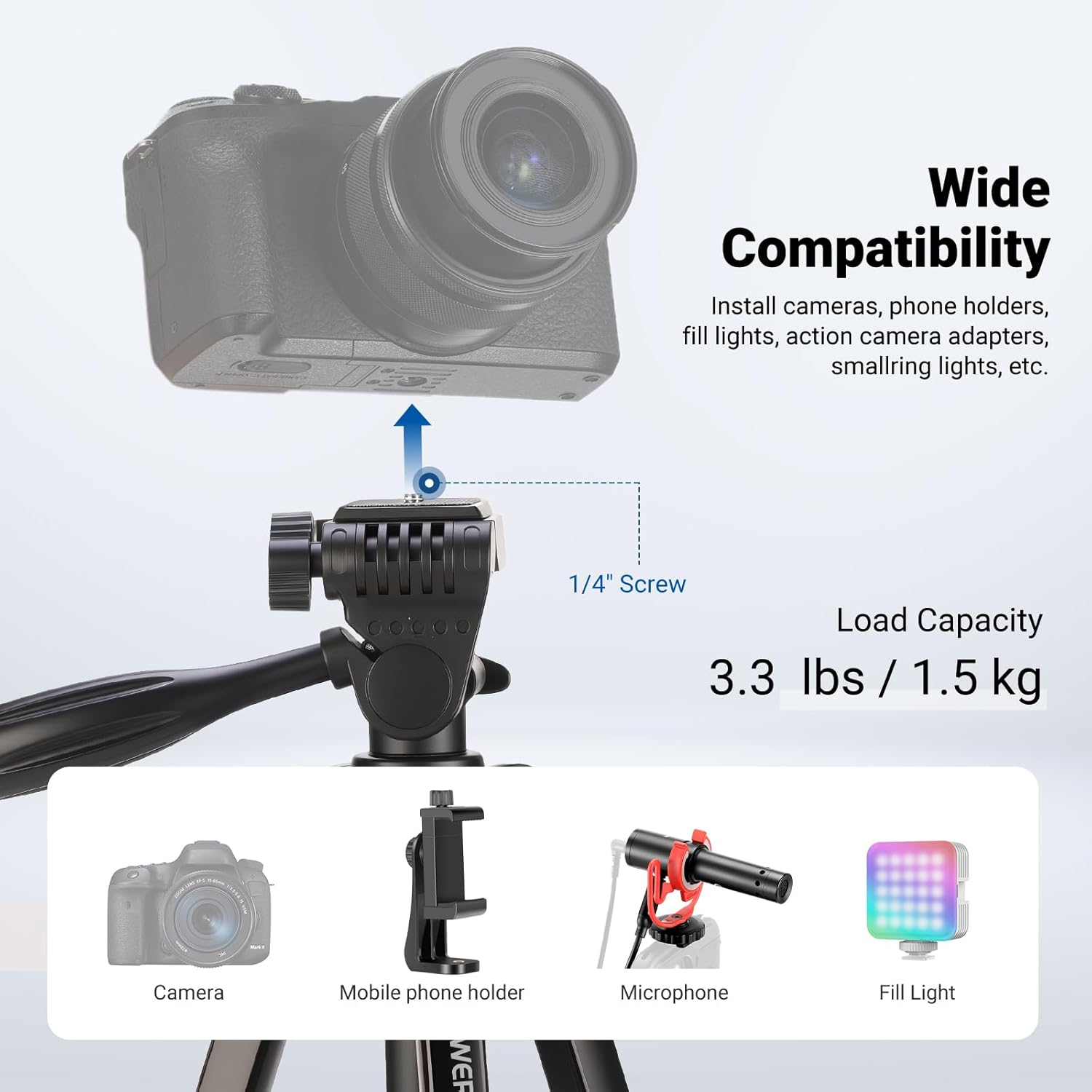 NEEWER Entry Level Version Tripod for Cell Phone & Camera, Metal Lightweight Portable Travel Stand with Cold Shoe Cellphone Holder Mount Compatible with iPhone for Video Recording Filming, TP53 - Image 5