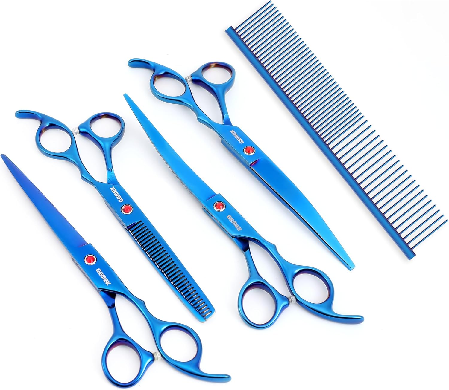7.0in Titanium Professional Pet Grooming Scissors Set, GEMEK 6 in 1 Straight & Thinning & Upwards Curved & Downwards Curved Scissors & Comb for Dogs, Cats (Blue) - Image 9