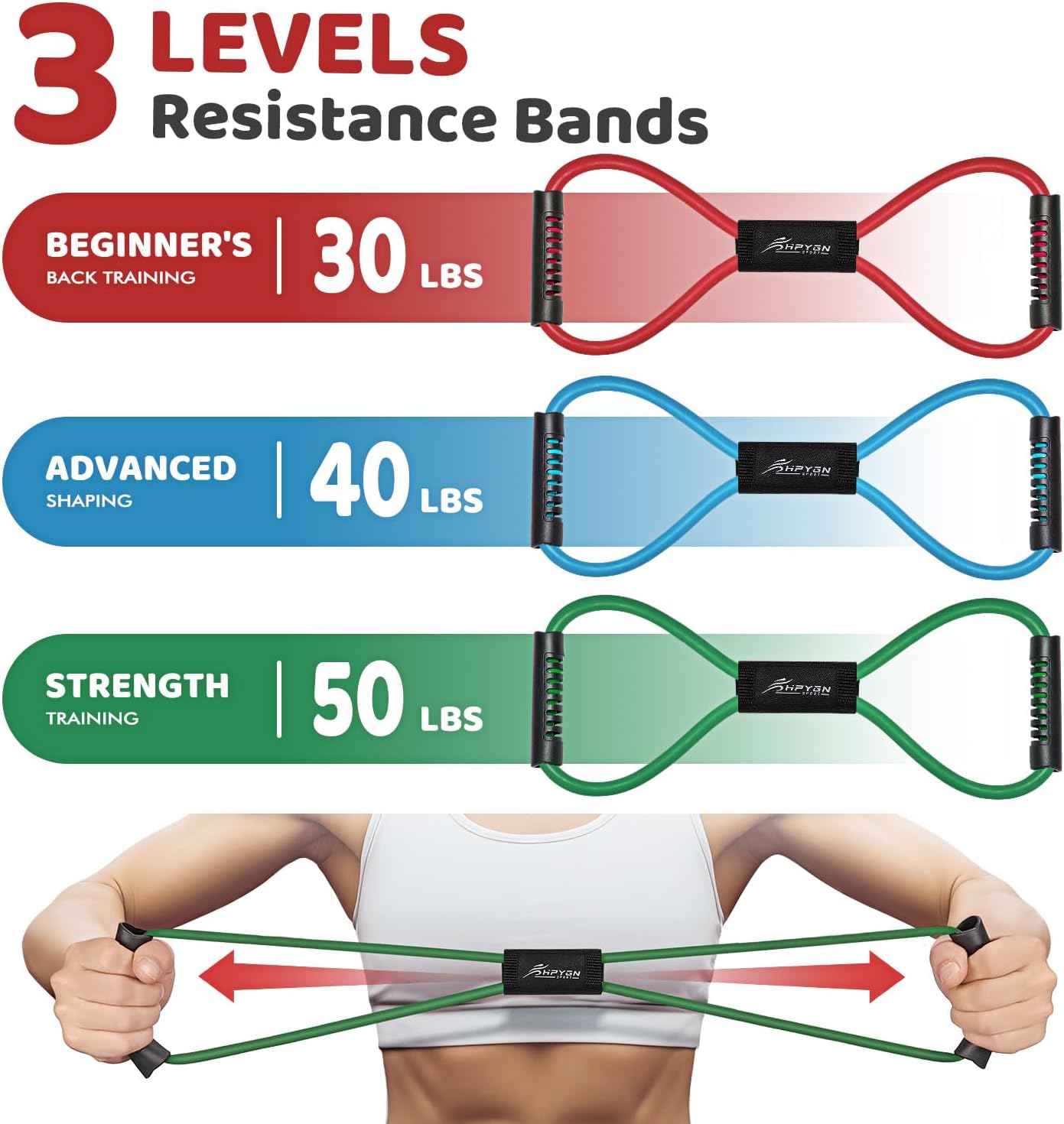 HPYGN Resistance Bands, Figure 8 Exercise Bands for Women Men, 8 Shaped Resistance Bands for Arms, Chest Expander, Yoga Gym Fitness Pulling Rope 8 Word Elastic for Exercise Muscle Training Tubing - Image 6