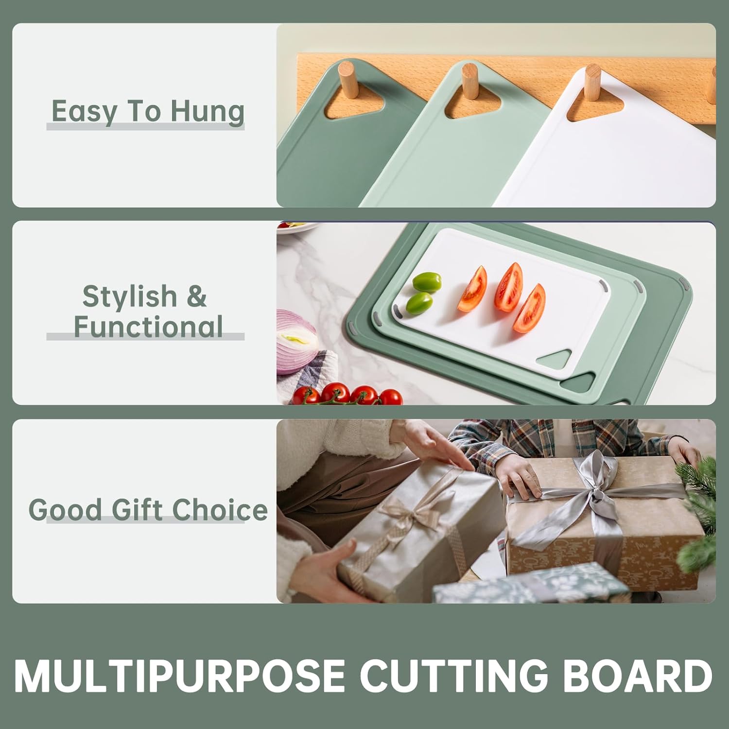 Plastic Cutting Board Set of 3-Cutting Boards for Kitchen BPA Free, Large-Small Chopping Boards Non-Slip for Cooking Camping Dishwasher Safe, Reversible, with Grip Handle, 15"×10"×0.6" Green - Image 5