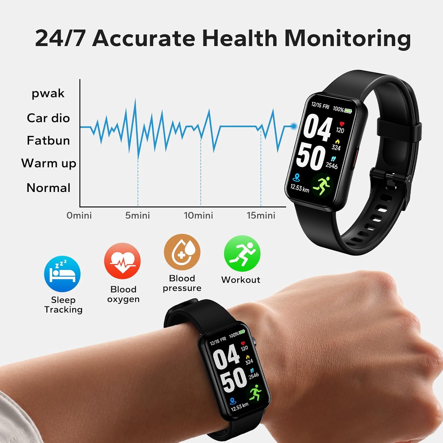 Fitness Smart Trackers with 24/7 Health Monitoring,Heart Rate Sleep Blood Oxygen Monitor/Calorie Steps Counter Pedometer Activity Tracker/Smart Notifications for Men Women - Image 2