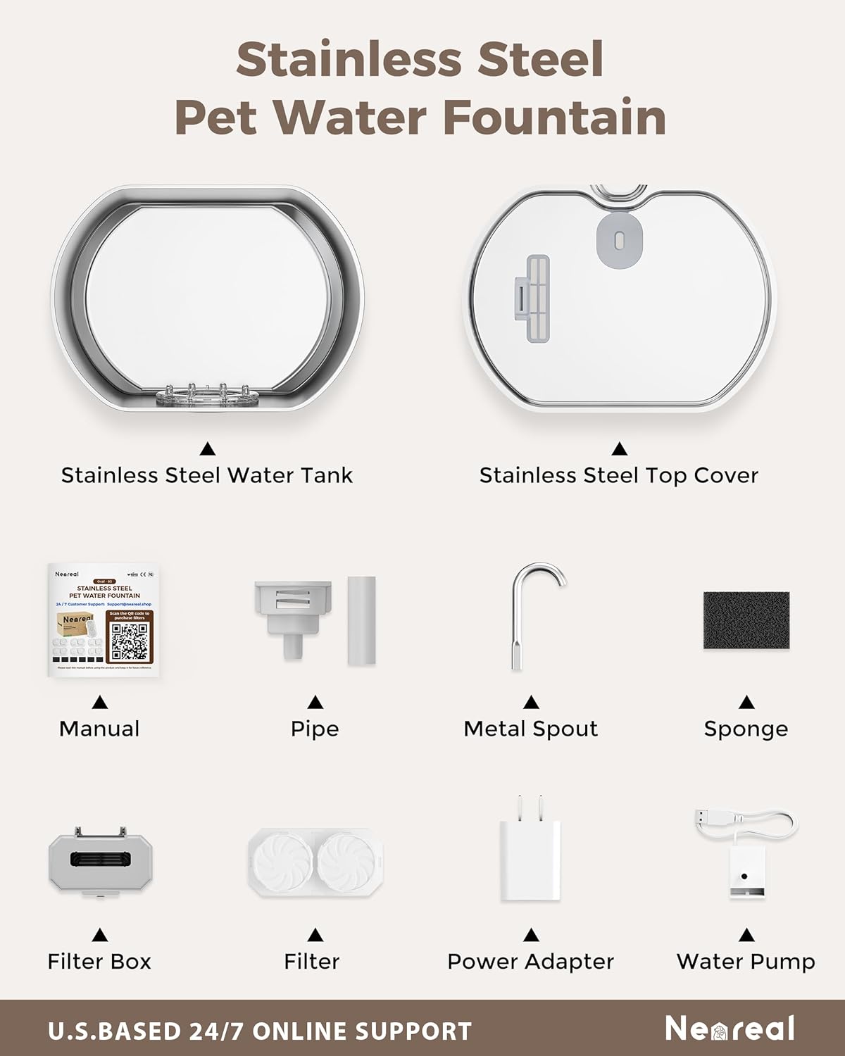 Cat Water Fountain Stainless Steel: 74oz/2.2L Cat Fountain for Drinking- Pet Water Fountain Inside - Automatic Dog Watering Dispenser Bowl - Pet Feeding & Watering Supplies - Water Level Window - Image 7