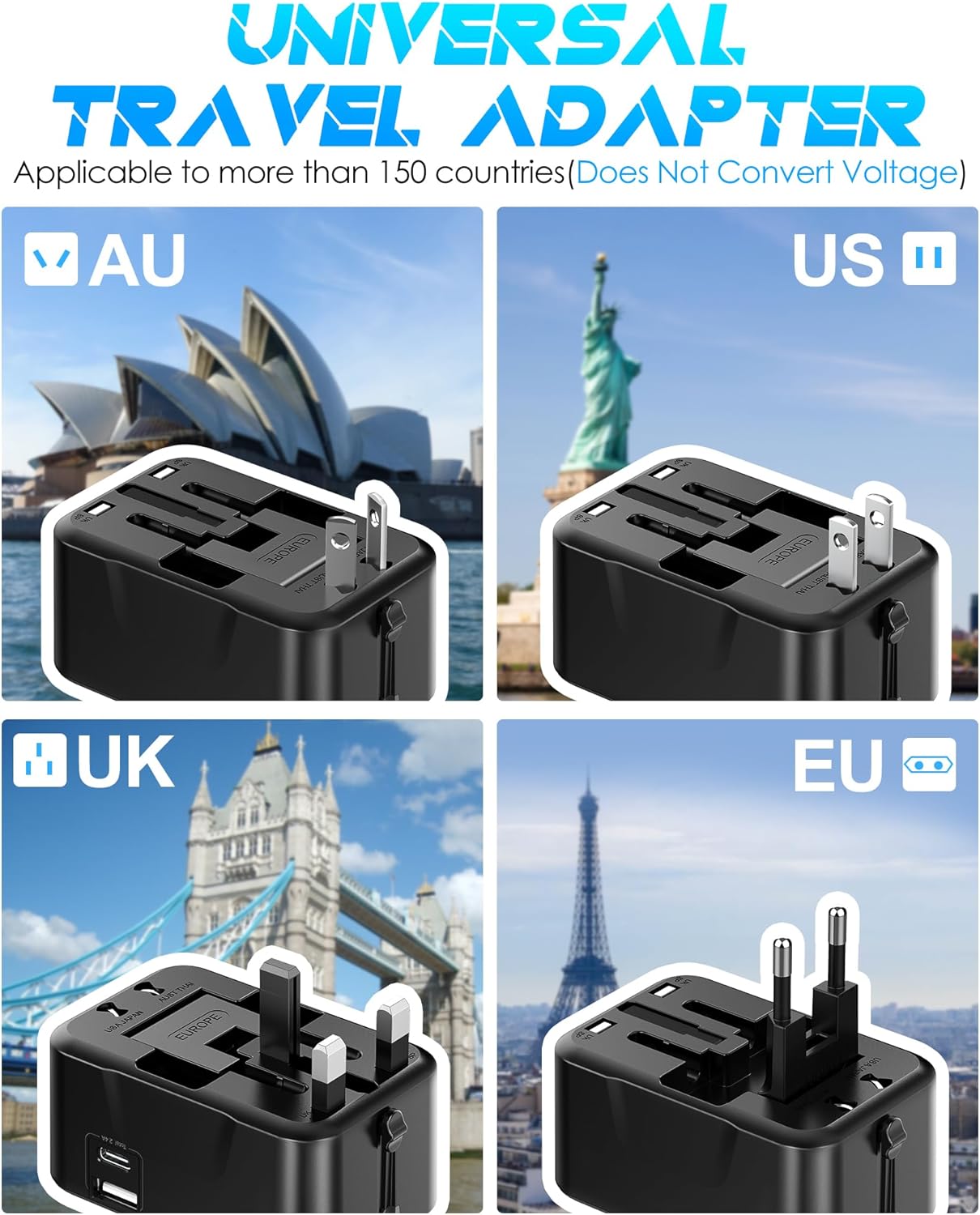 Universal Travel Adapter with (Type C+USB) 2 USB Ports & AC Outlet, International Plug Adapter Converter, Type C/A/G/I All in One Wall Charger Worldwide Travel Adaptor for US to EU UK AUS Asia - Image 2