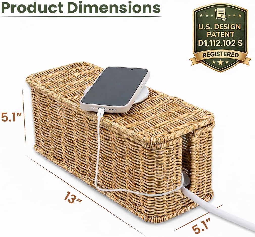 Cable Management Box, Handmade Rattan Cable Organizer with 2 Open Slots, Cord Hider for Power Strip, Router & USB Hub, Registered U.S. Design Patent (D1,112,102), 13" x 5.1" x 5.1", Natural - Image 2