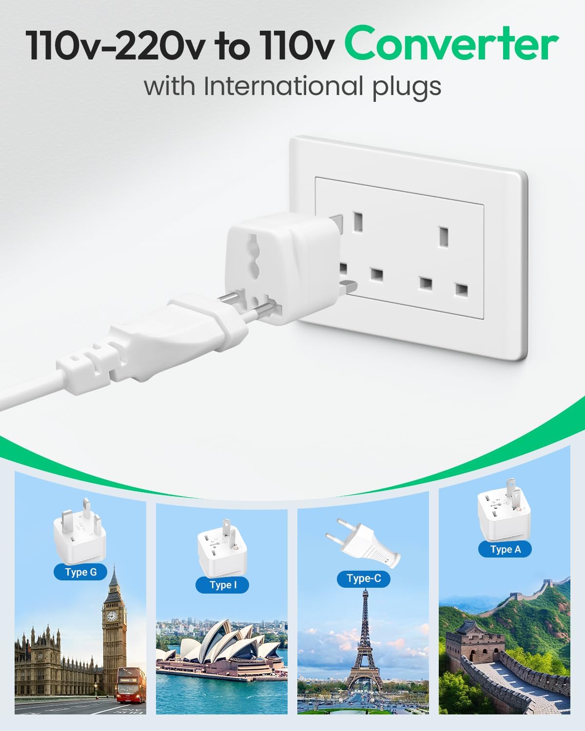 220V to 110V Converter for European Travel, Voltage Converter US to Europe, Universal Travel Adapter with 2 USB C Ports & 1USB-A Port, Power Plug Combo for Curling Iron Hair Straighteners - Image 2