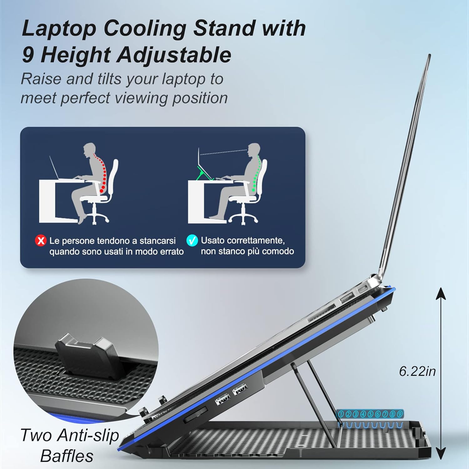 ICE COOREL Laptop Cooling Pad with 6 Cooling Fan, Laptop Cooler Fan with No Lights, Cooling pad for Laptop 15-17 Inches, Notebook Cooler Stand with 9 Height Adjustable, Cooler Pad for Lap or Desk Use - Image 3