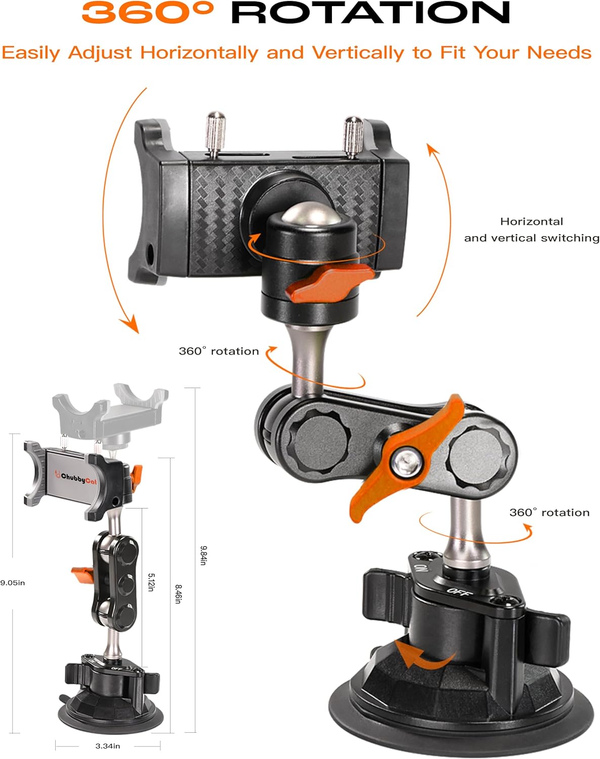 chubbycable ChubbyGrip Pro Dash Mount Premium Metal Knobs Phone Holders for Your Car 360° Rotation Suction Cup Phone Mount for Windshield, Clamp, Orange - Image 9