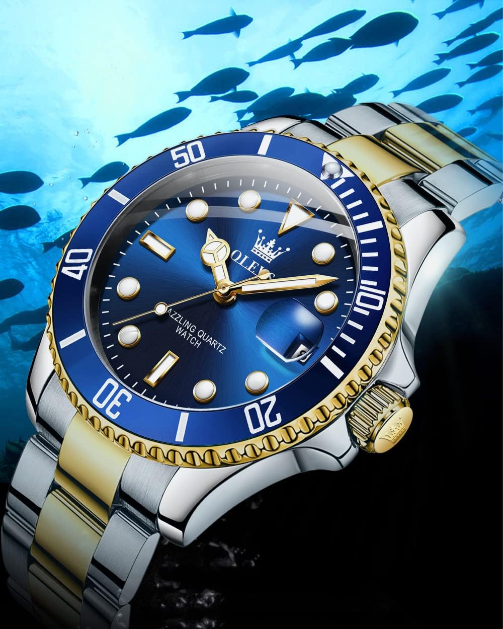 OLEVS Men's Watches with Date, Premium Gold and Silver Stainless Steel Analog Watches for Men, Classic Rotatable Bezel Men's Cuff Watches, Blue/Green/Black Dial - Image 4