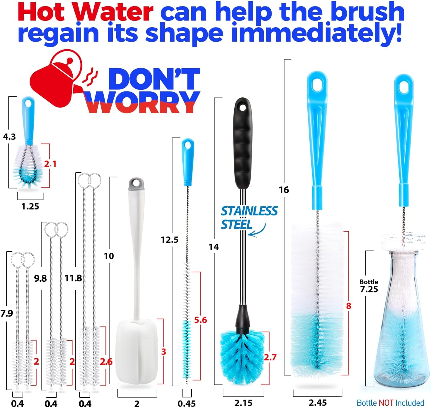 Holikme Bottle Brush Tube Cleaning Lab Set with Long Handle, Cup Cleaner for Washing Narrow Neck Beer Wine Decanter Pipes Lids Sinks Cap Covers, White - Image 6