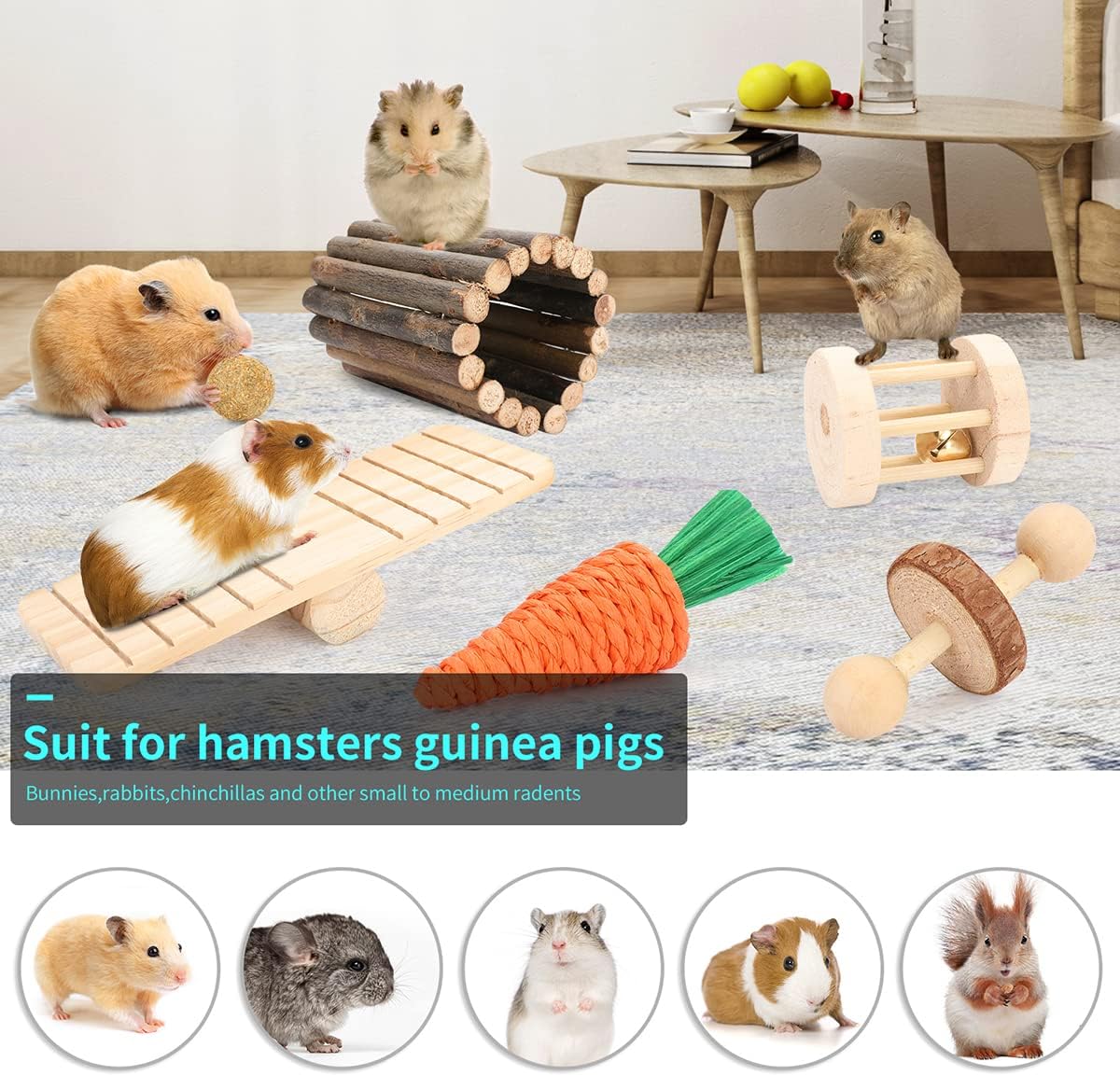 Hamster Cage Accessories, 12 Different Chew Toys for Guinea Pig, Chinchillas, Gerbils, Mice, Rats, Mouse, Rabbit, Bunny Hideout Seesaw, Natural Molar Tools - Image 3