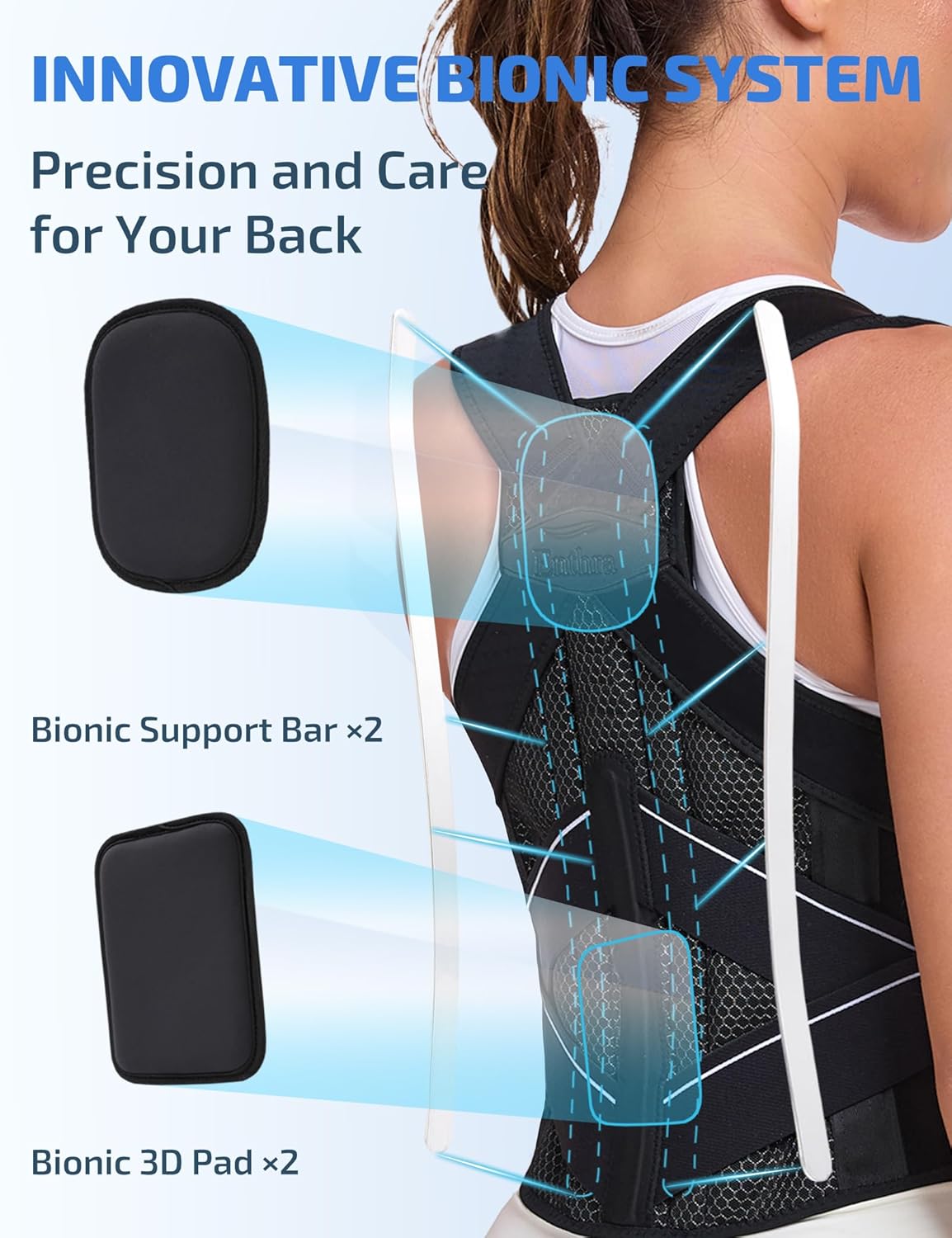Posture Corrector for Women and Men with Bionic System, Precise Full Back Support Back Brace for Upper and Lower Back Pain Relief with Two 3D Pads - Image 2
