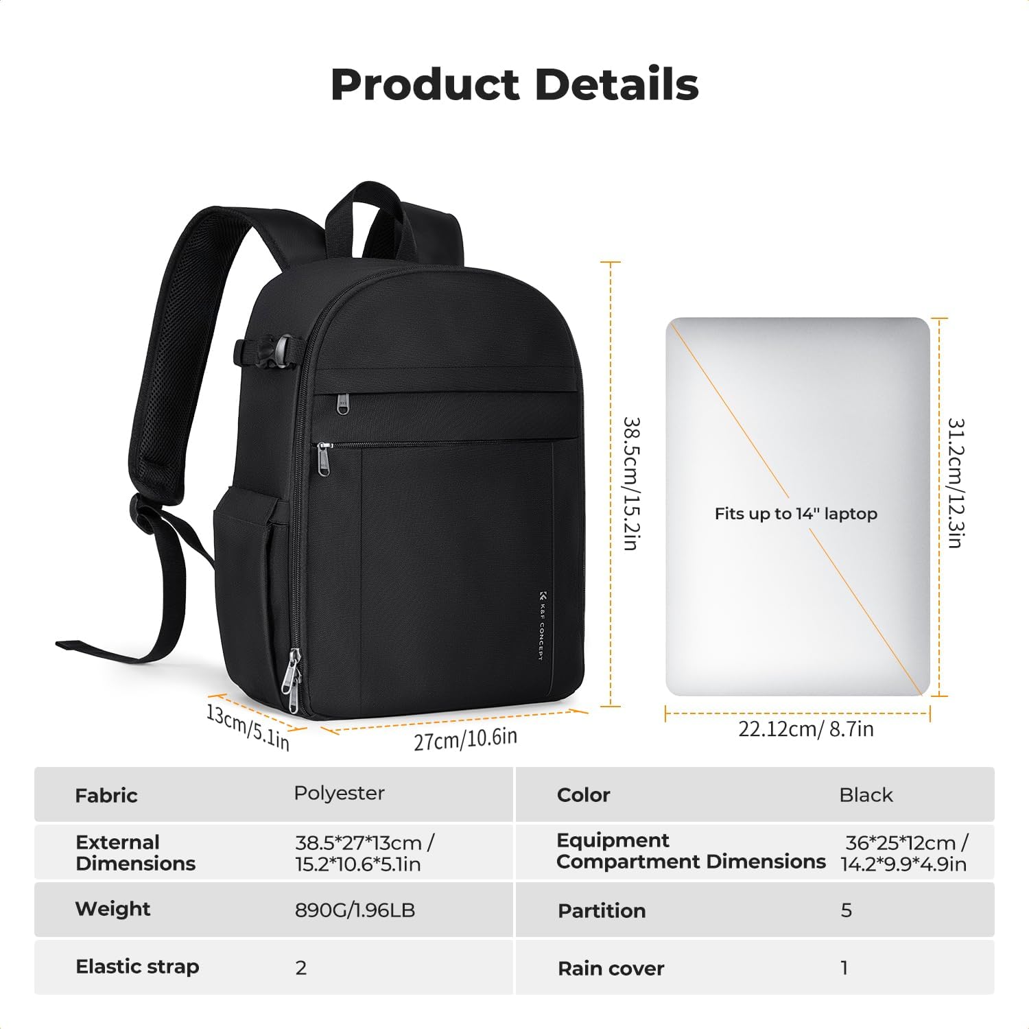 K&F CONCEPT Lightweight Camera Backpack Bag, Professional Photography Bag Compatible with Canon/Nikon/Sony Camera and Lens Accessories, Camera Case with Tripod Strap & Rain Cover - Image 8