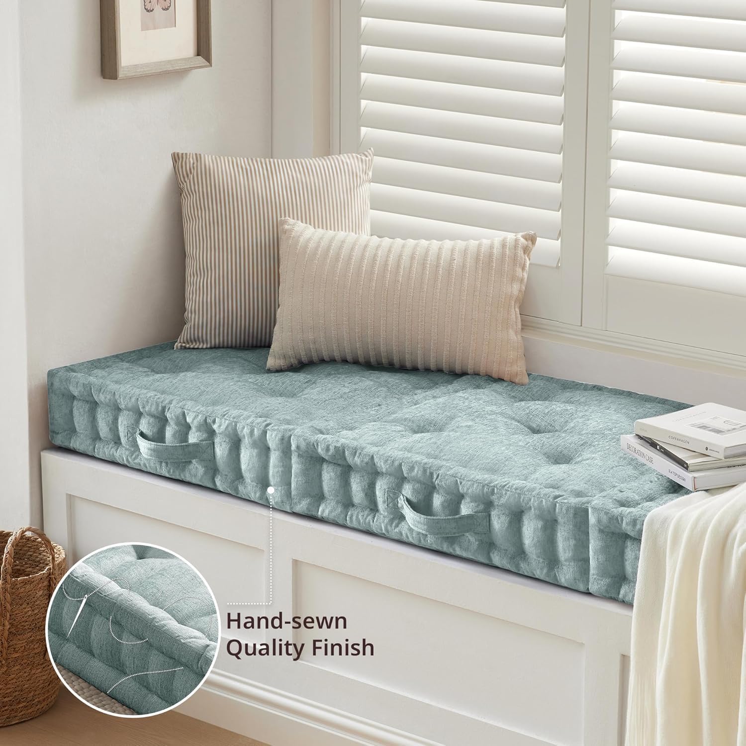 Intelligent Design Large Floor Pillow for Adults Yoga or Meditation Cushion with Handle, Floor Cushion for Board Games, Lustrous Chenille Tufted, Handsewn Scalloped Edge, Azza, 24" x 24" x 5" Aqua - Image 10
