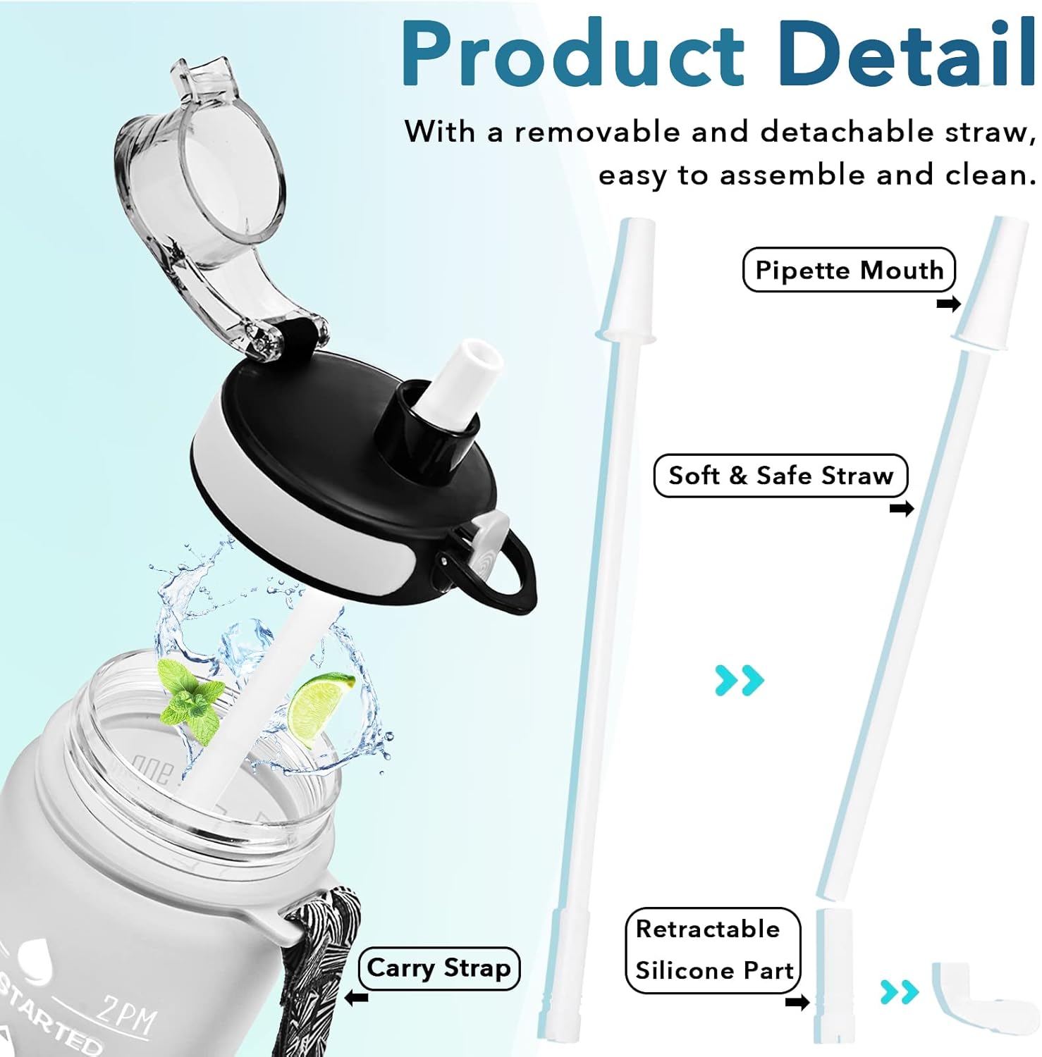 Enerbone Water Bottle, Leakproof BPA & Toxic Free, Motivational Water Bottle with Times to Drink and Straw, Fitness Sports Water Bottle with Strap for Office, Gym, Outdoor Sports - Image 5