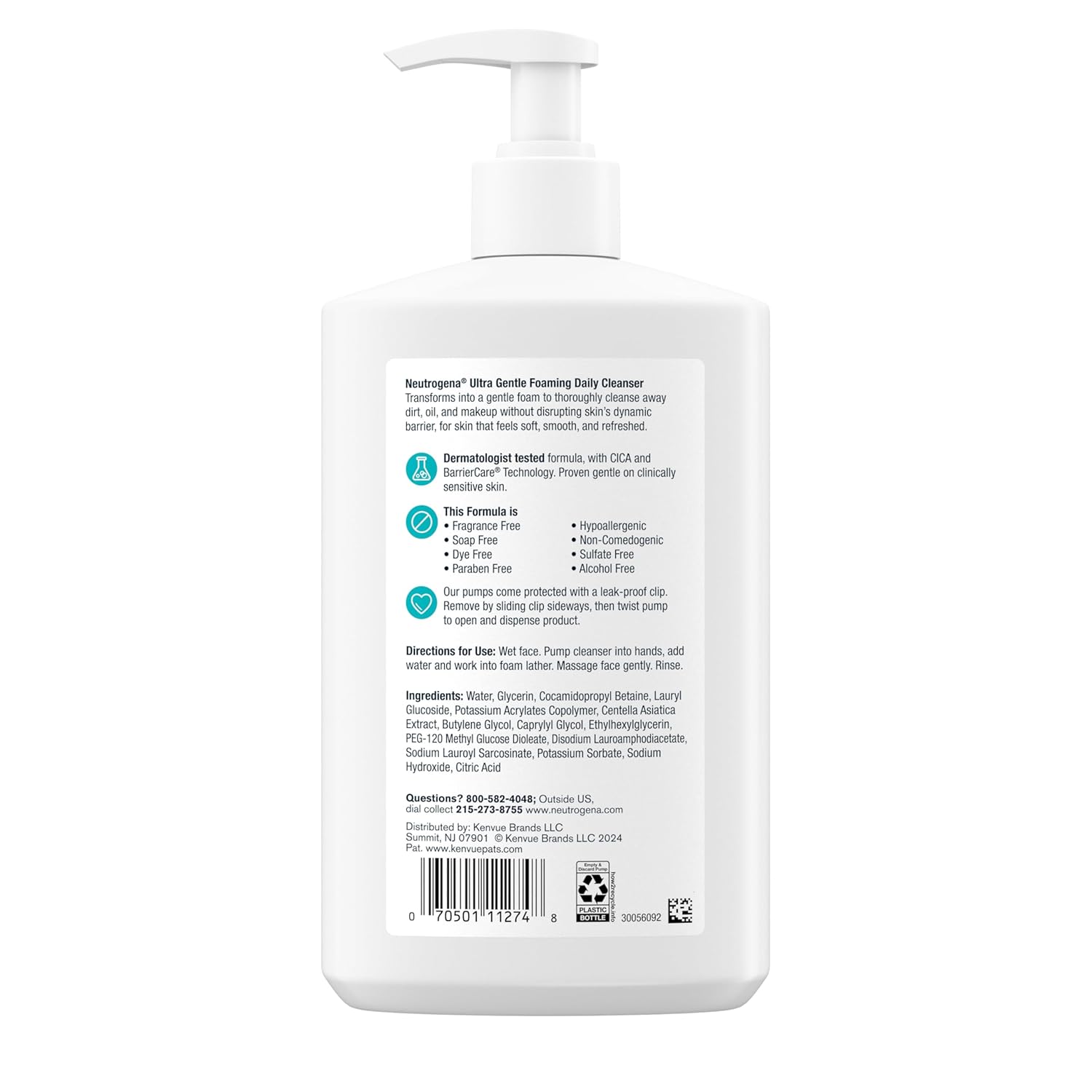 Neutrogena Ultra Gentle Foaming Facial Cleanser, Fragrance Free Hydrating Face Wash for Sensitive Skin, Daily Non Over Drying Makeup Remover, Hypoallergenic, Soap & Dye Free, Non-Comedogenic, 16 Fl Oz - Image 9