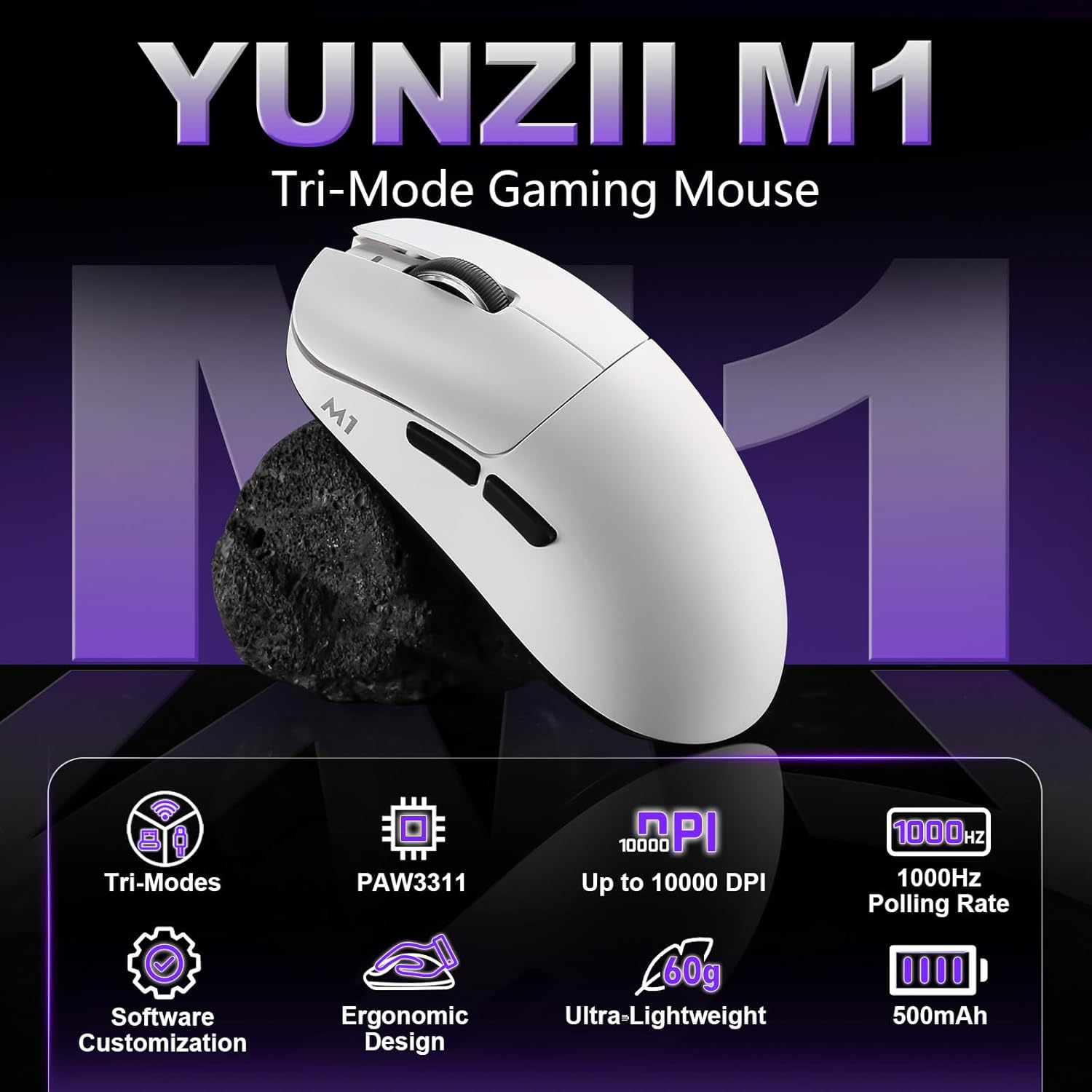 YUNZII M1 Wireless Gaming Mouse, Tri-Mode 2.4G/BT/Wired Gaming Mouse, PAW3311 Sensor 10000 DPI Rechargeable Wireless Mouse with 5 Programmable Buttons, Customizable via Software for Win & Mac (White) - Image 2