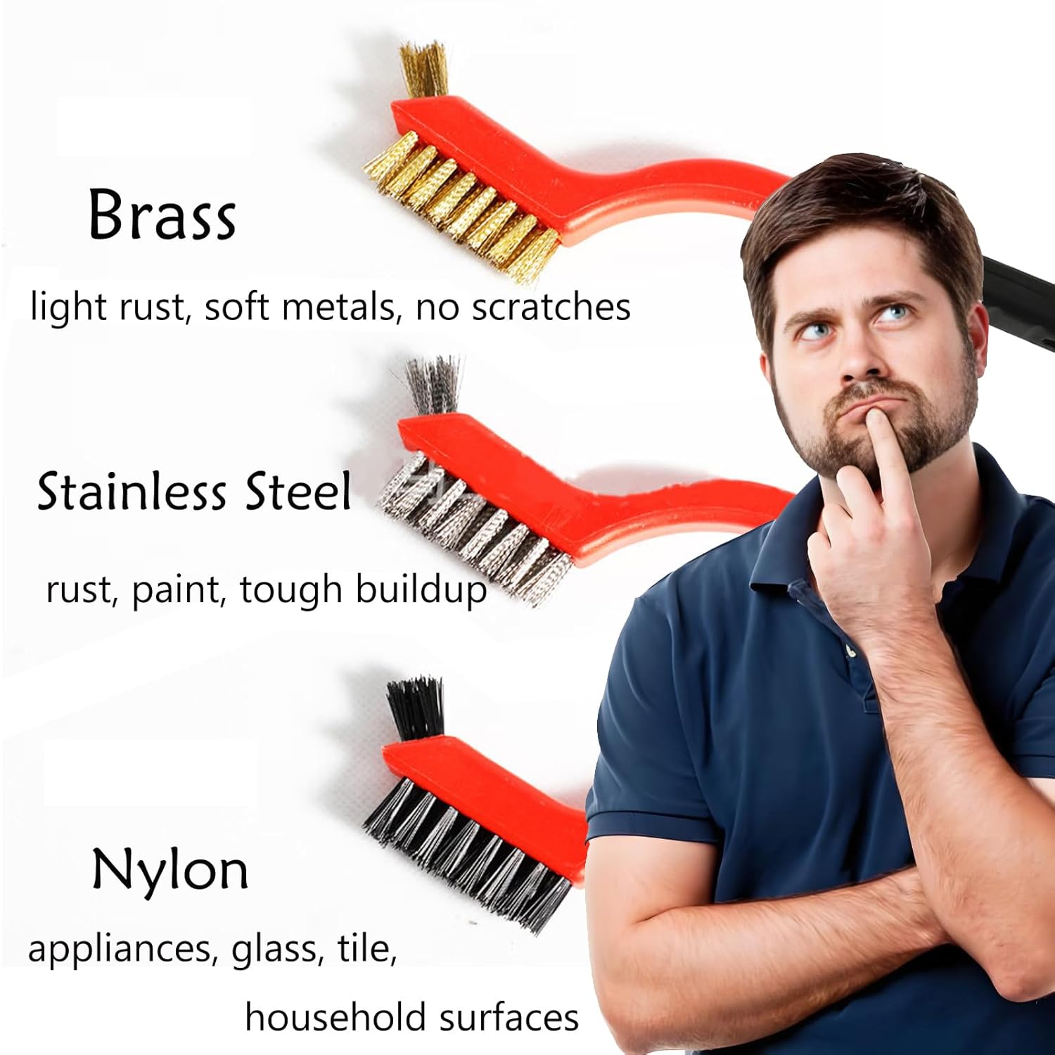 Wire Brush 9Pcs Metal Scrubber - Nylon/Brass/Stainless Steel Bristles with Curved Handle Grip for Cleaning Rust Removal, Dirt, Paint Scrubbing with Deep Cleaning – 7 Inches - Image 3