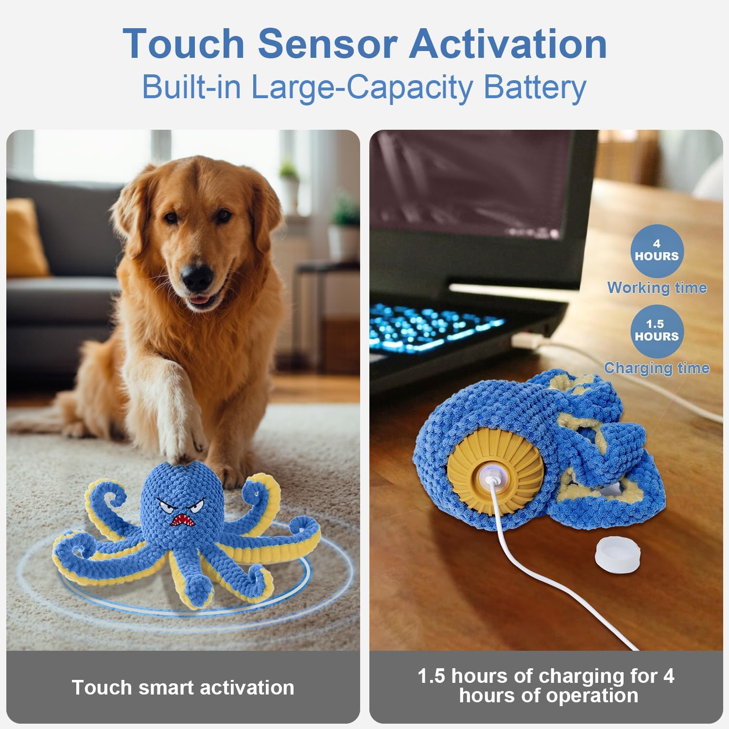 Interactive Dog Toys Octopus,Durable Automatic Jumping Dog Toy to Keep Them Busy,Squeaky Moving Tug of War Doggie Toy,USB Rechargeable,Not for Aggressive Chewers (Blue) - Image 4