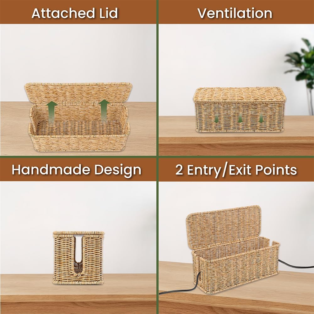 Cable Management Box, Handmade Rattan Cable Organizer with 2 Open Slots, Cord Hider for Power Strip, Router & USB Hub, Registered U.S. Design Patent (D1,112,102), 13" x 5.1" x 5.1", Natural - Image 5