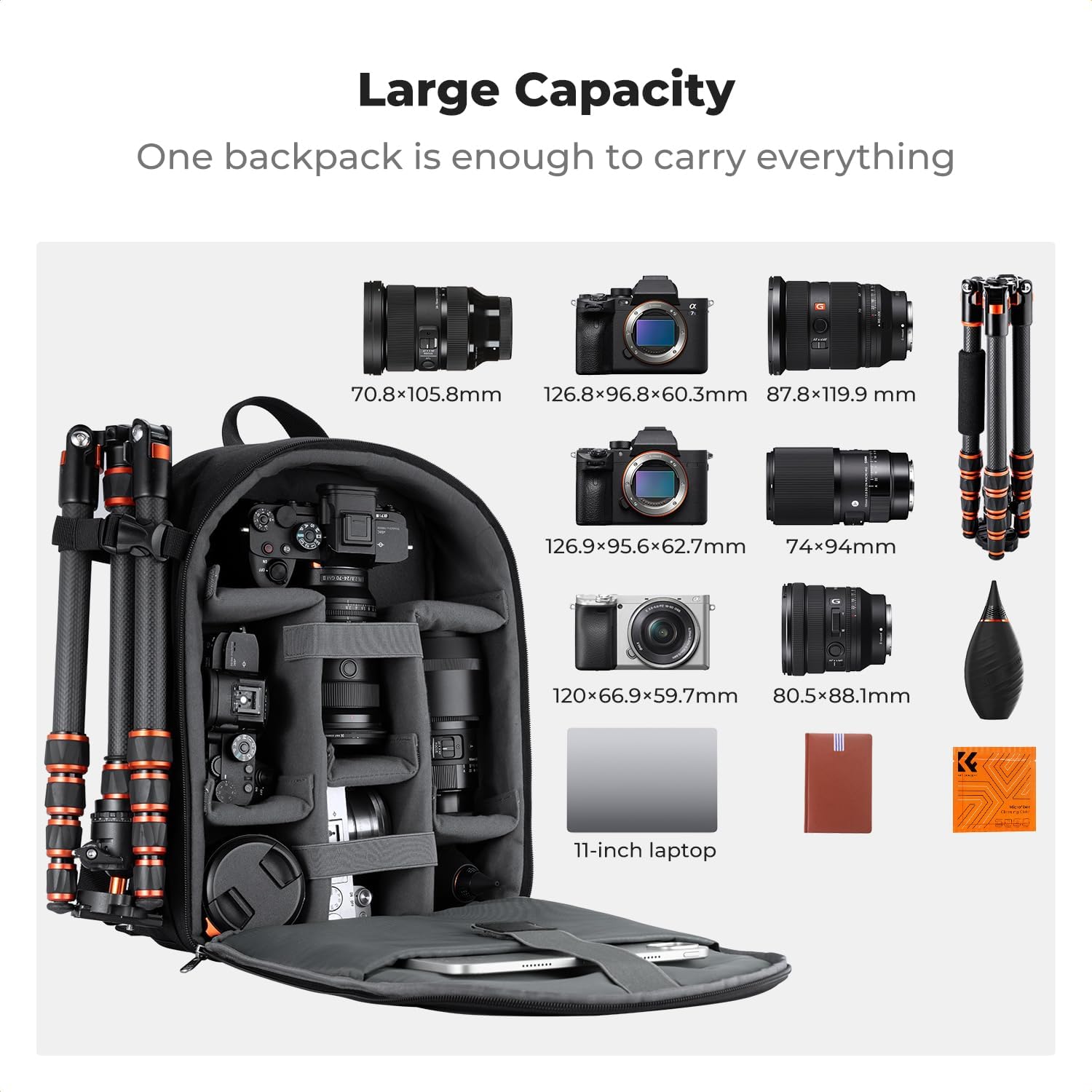 K&F CONCEPT Lightweight Camera Backpack Bag, Professional Photography Bag Compatible with Canon/Nikon/Sony Camera and Lens Accessories, Camera Case with Tripod Strap & Rain Cover - Image 3