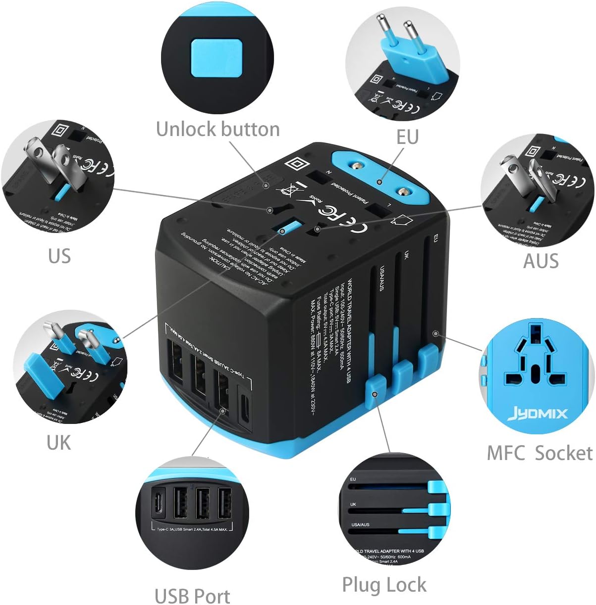 All in One Universal USB Travel Power Adapter with 3 USB Port and Type-C International Wall Charger Worldwide AC Power Plug 8 Pin AC Socket for Multi-Nation Travel UK, EU, AU, Asia - Image 2