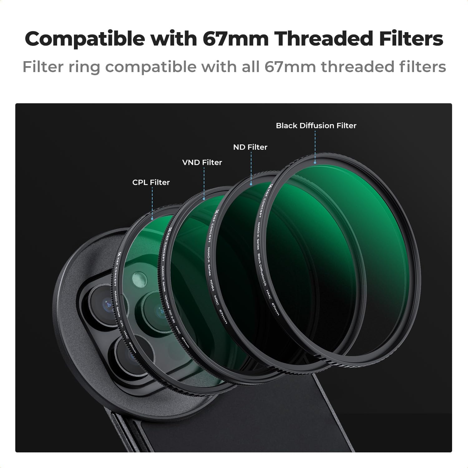 K&F CONCEPT 6.7 inch Magnetic Lens Filter Mount Adapter with 67mm CPL Filter for iPhone, Compatible with 16/15/14/13/12 Pro Max, 16/15/14 Plus - Image 6
