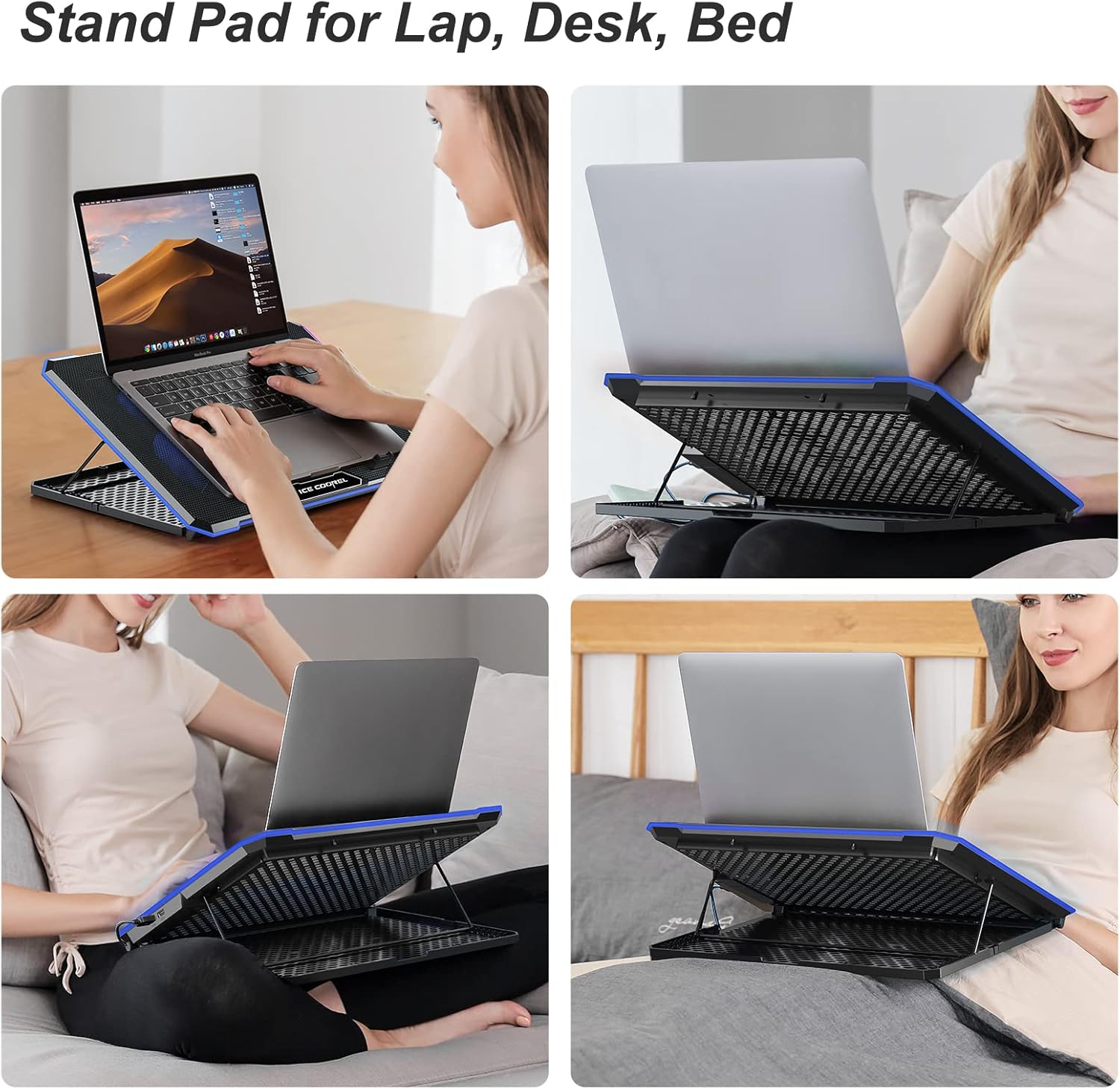 ICE COOREL Laptop Cooling Pad with 6 Cooling Fan, Laptop Cooler Fan with No Lights, Cooling pad for Laptop 15-17 Inches, Notebook Cooler Stand with 9 Height Adjustable, Cooler Pad for Lap or Desk Use - Image 4