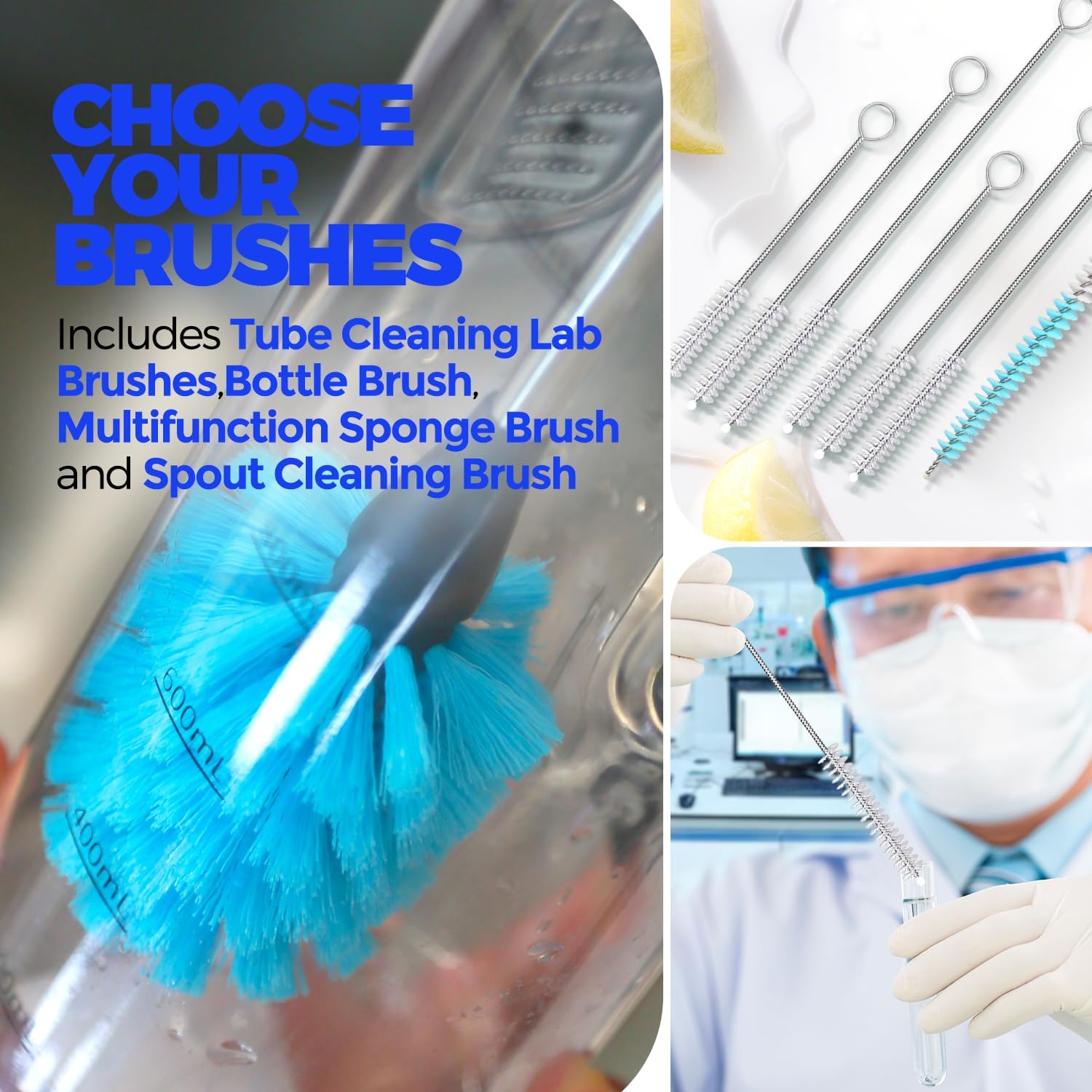 Holikme Bottle Brush Tube Cleaning Lab Set with Long Handle, Cup Cleaner for Washing Narrow Neck Beer Wine Decanter Pipes Lids Sinks Cap Covers, White - Image 5