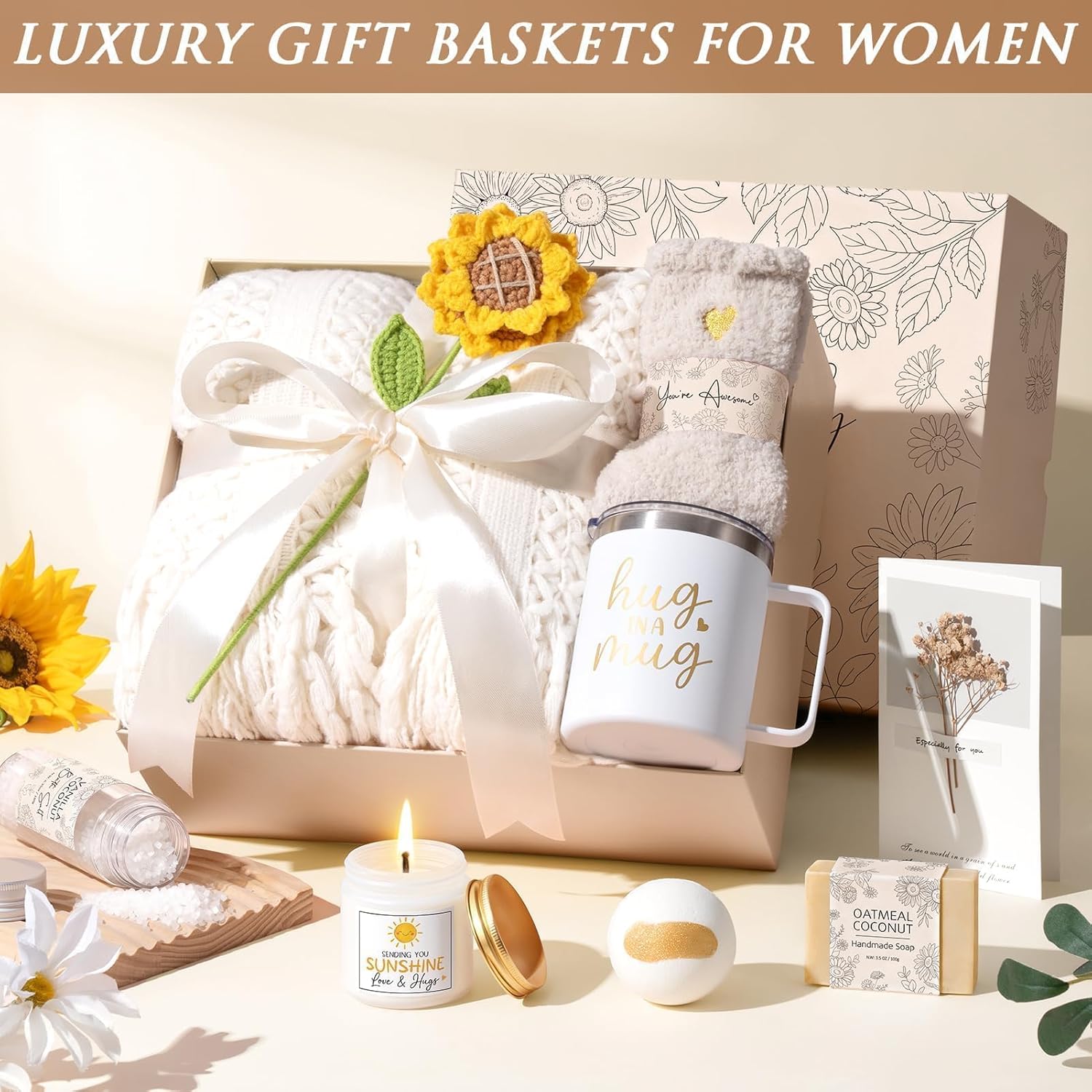 Birthday Gifts for Women Self Care Get Well Soon Gift Basket, Spa Care Package Thinking of You Sunflower Gifts, Sending Sunshine Box Unique Easter Mother's Day Gift for Women Mom Sister Her Grandma - Image 4
