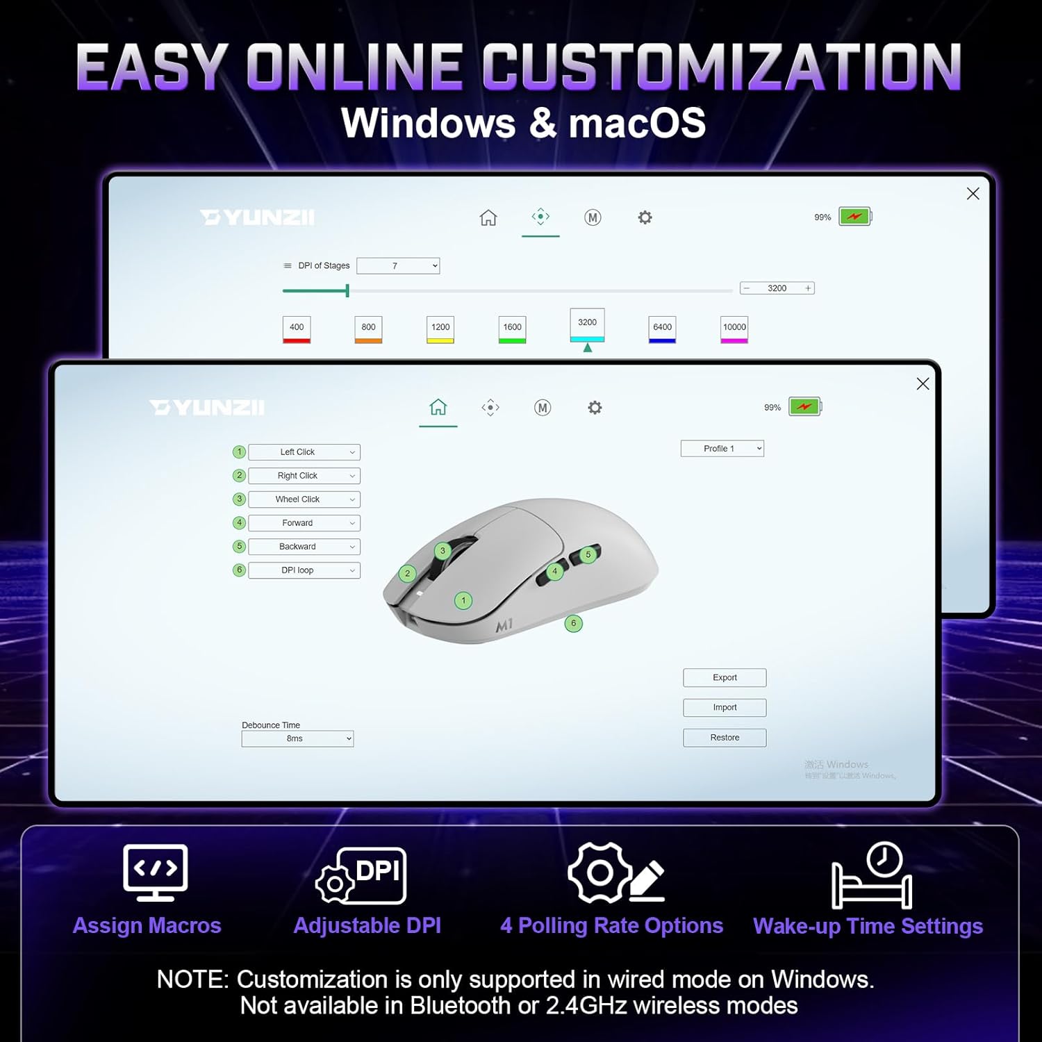 YUNZII M1 Wireless Gaming Mouse, Tri-Mode 2.4G/BT/Wired Gaming Mouse, PAW3311 Sensor 10000 DPI Rechargeable Wireless Mouse with 5 Programmable Buttons, Customizable via Software for Win & Mac (White) - Image 7