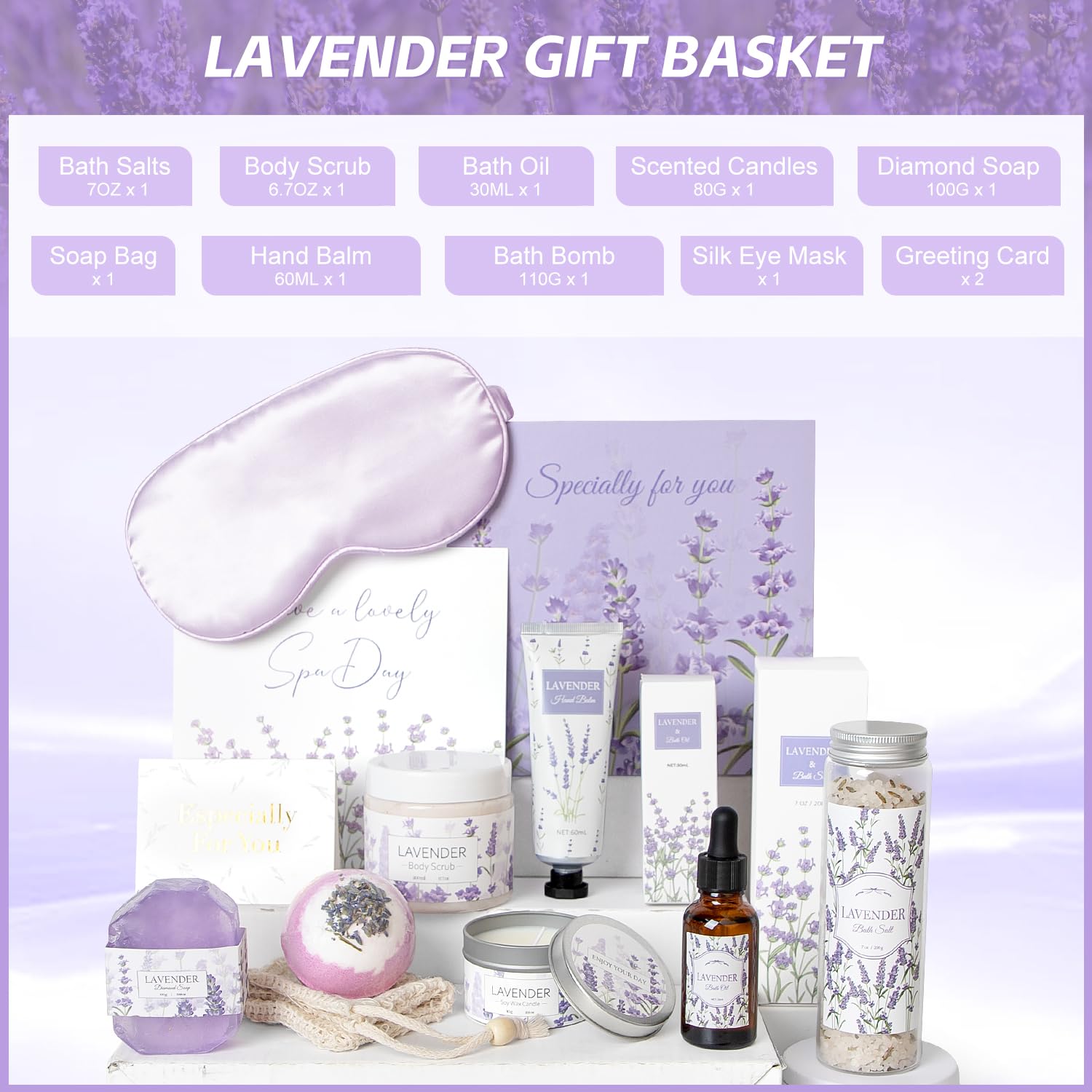 Lavender Spa Gifts Set, 11 Pcs Bath Gift Set for Women, Relaxing Spa Gifts, Home Spa Products, Birthday Gifts for Women Valentine's Day - Image 2