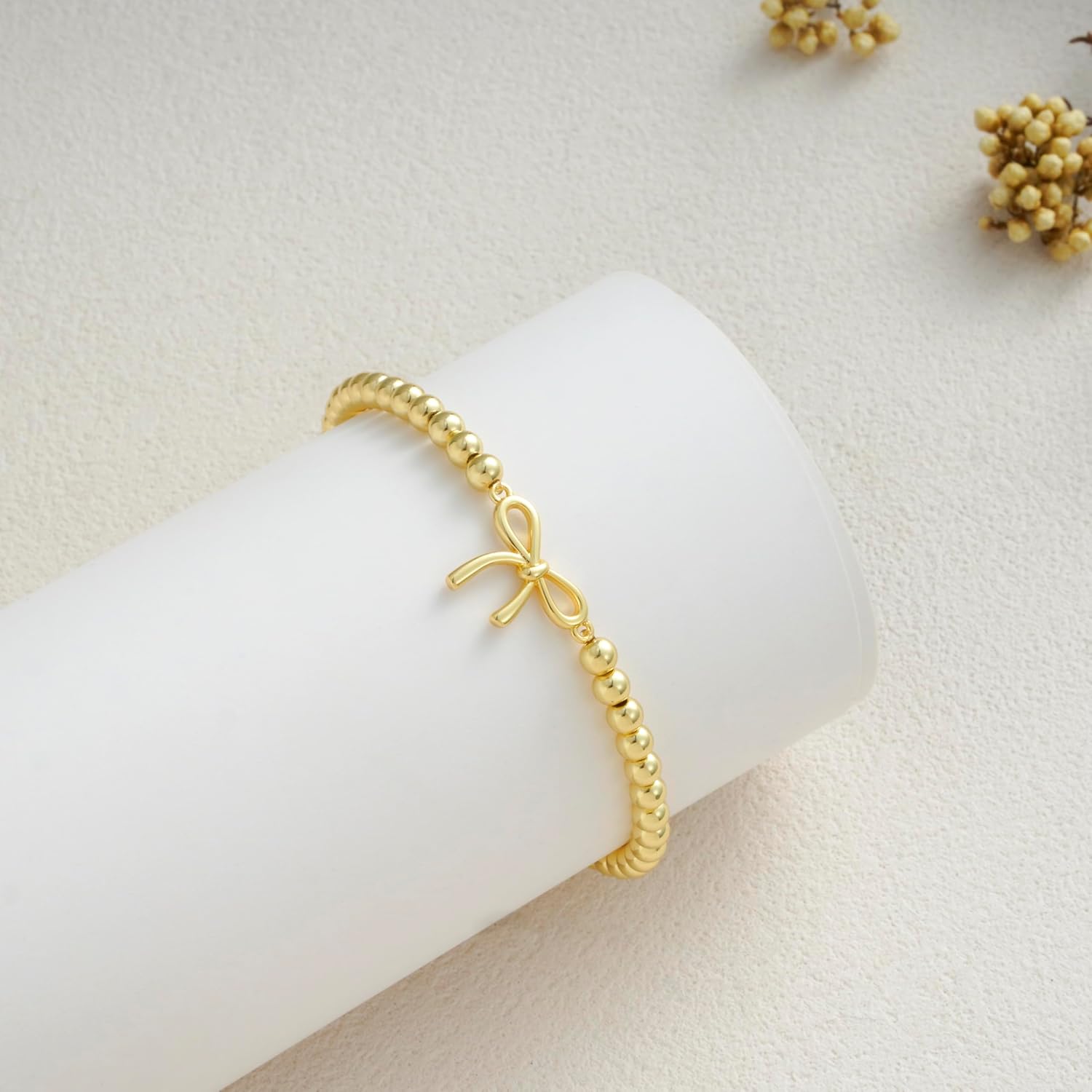 Easter Basket Stuffers - Beaded Bracelets for Women 14K Silver Gold Plated Stretch Handmade Ball Bracelets Cute Charm Bracelet Dainty Stackable Cross Heart Bow Wave CZ Trendy Jewelry Gifts - Image 4