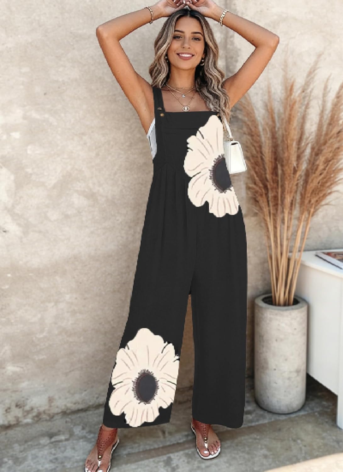 Women's Jumpsuits 2026 Summer Floral Overalls One Piece Outfits Sleeveless Wide Leg Pants Rompers with Pockets - Image 4
