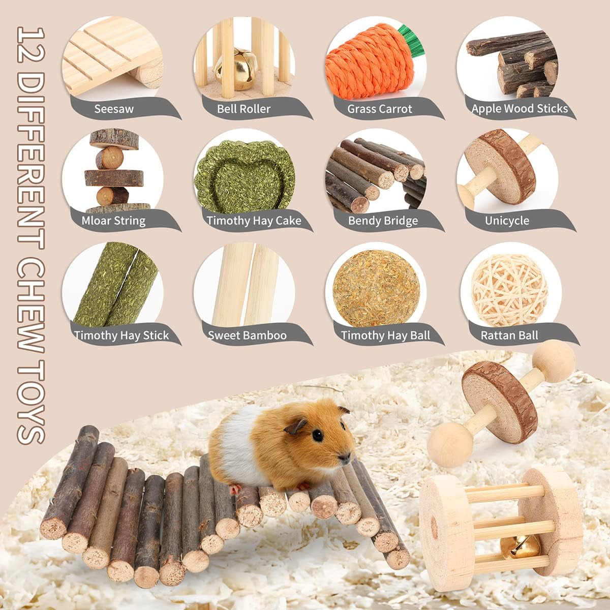 Hamster Cage Accessories, 12 Different Chew Toys for Guinea Pig, Chinchillas, Gerbils, Mice, Rats, Mouse, Rabbit, Bunny Hideout Seesaw, Natural Molar Tools - Image 4