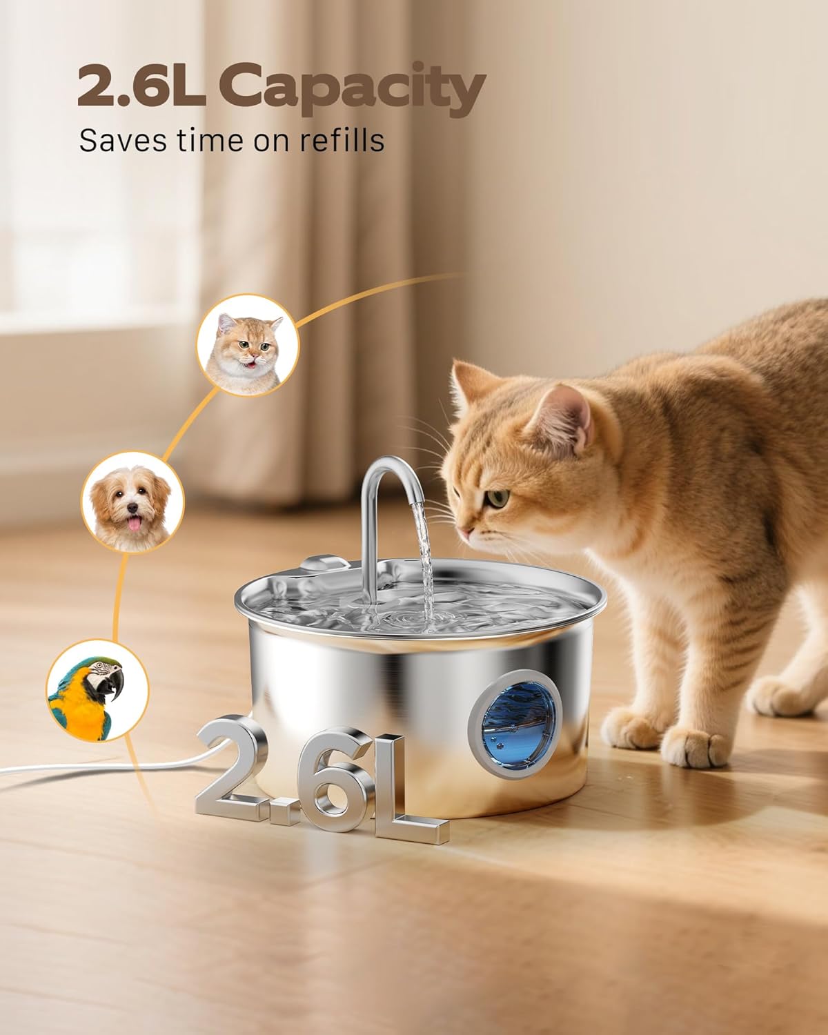 Cat Water Fountain Stainless Steel: Cat Fountain for Drinking - 88oz/2.6L Pet Water Fountain for Cats Indoor - Quiet Cats Water Bowl Dispenser - Pets Feeding & Watering Supplies - for Small Animals - Image 2