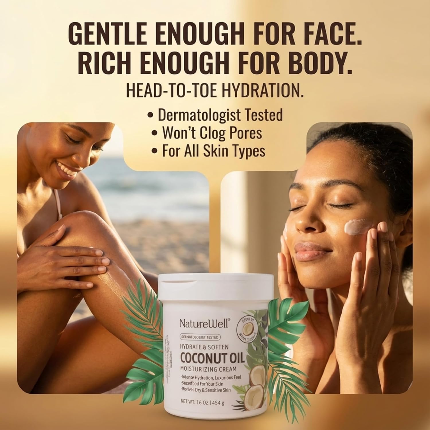 NATURE WELL Coconut Oil Moisturizing Cream for Dry Skin – Deep Hydration Lotion for Face, Body & Hands, Spa Quality Skincare, Softens & Smooths, Non-Greasy, Fast Absorbing, Vitamins A C E, 16 Oz - Image 5