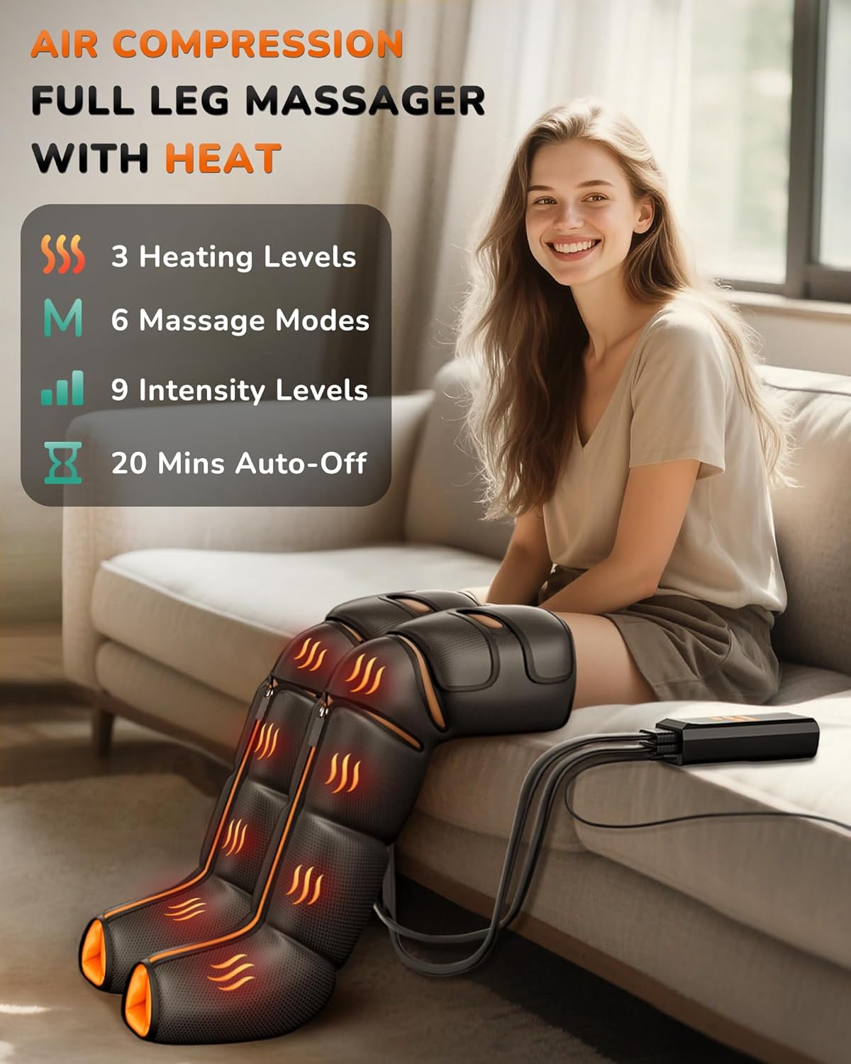 Leg Massager with Heat and Compression : Foot and Calf Massager for Circulation and Pain Relief, Sequential Compression Boots with 6 Modes, 9 Intensity, 3 Heat - Gifts for Mom, Dad, Him, Her - Image 2