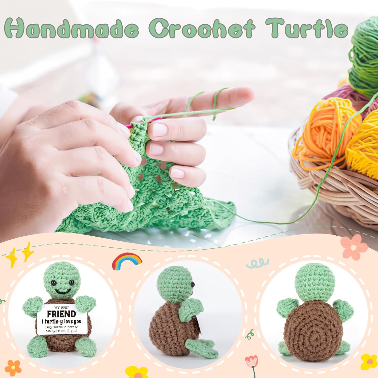 Mini Funny Turtle Best Friend Friendship Gifts for Women Men, Birthday Easter Gifts for Friends Female Male Girls Boys, I Love You Small Cute Stuff Things, Handmade Emotional Positive Crochet Turtle - Image 3